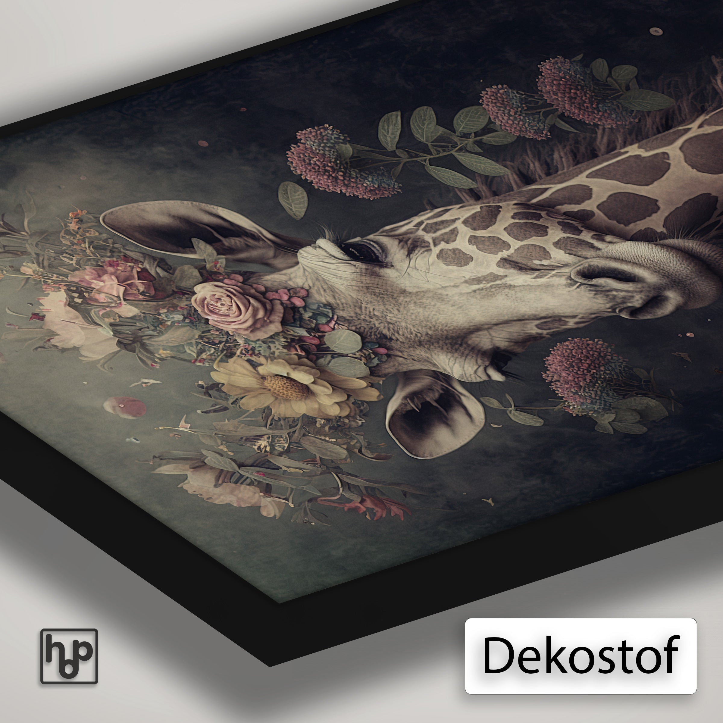 Detail van Artframe Giraf met dekostof en een zwart aluminium frame.