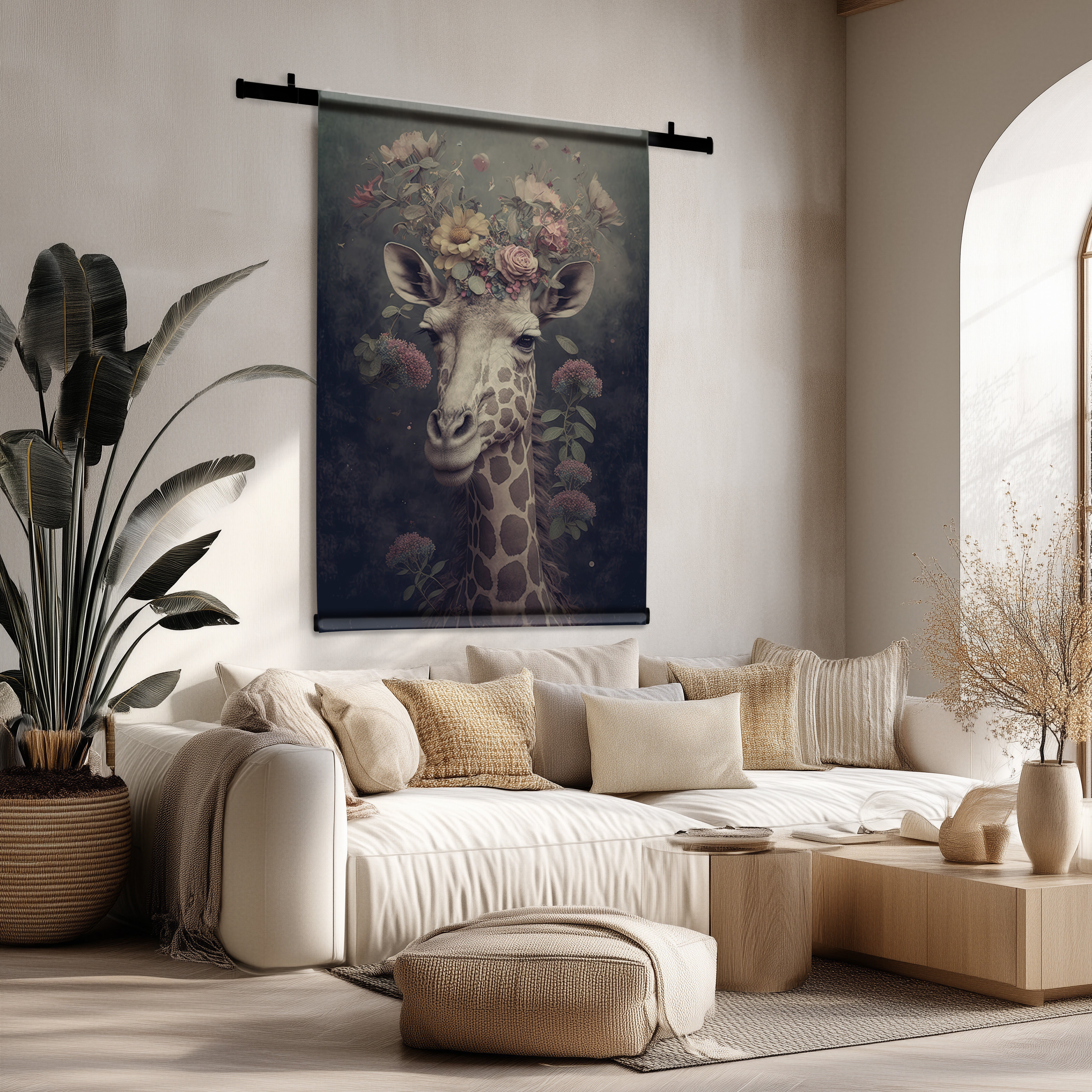 Stijlvol giraffe wandkleed met bloemenkrans in een serene woonkamer met lichte bank en planten.