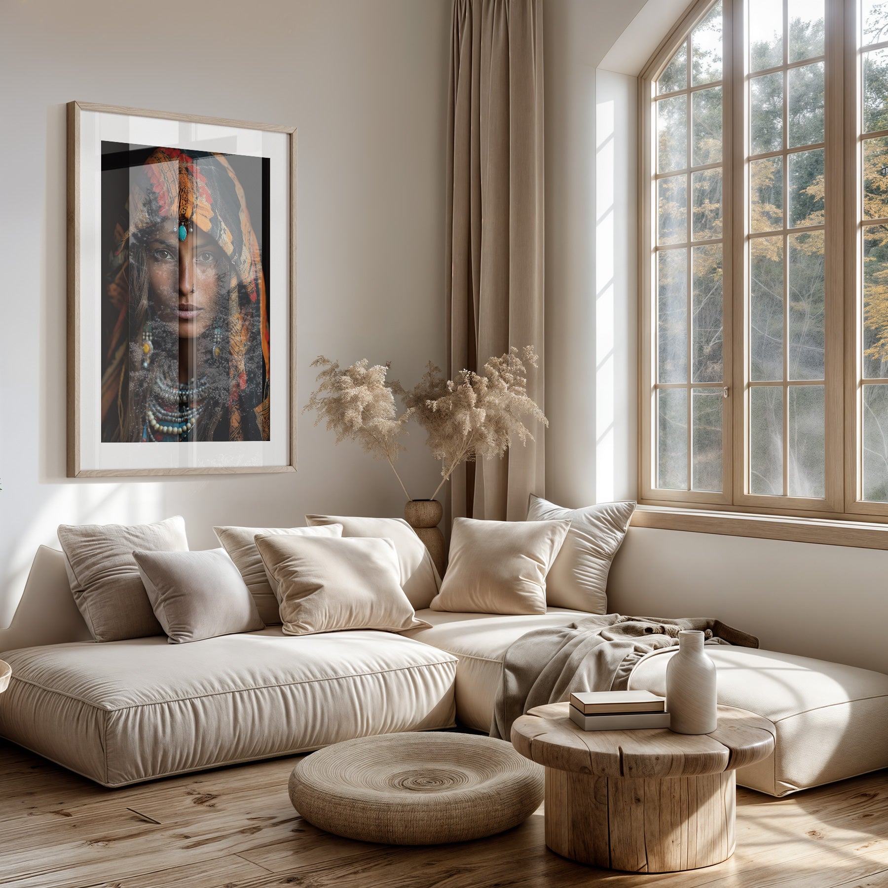 Papieren poster Vrouw 4 boven een lichte bank in een woonkamer.