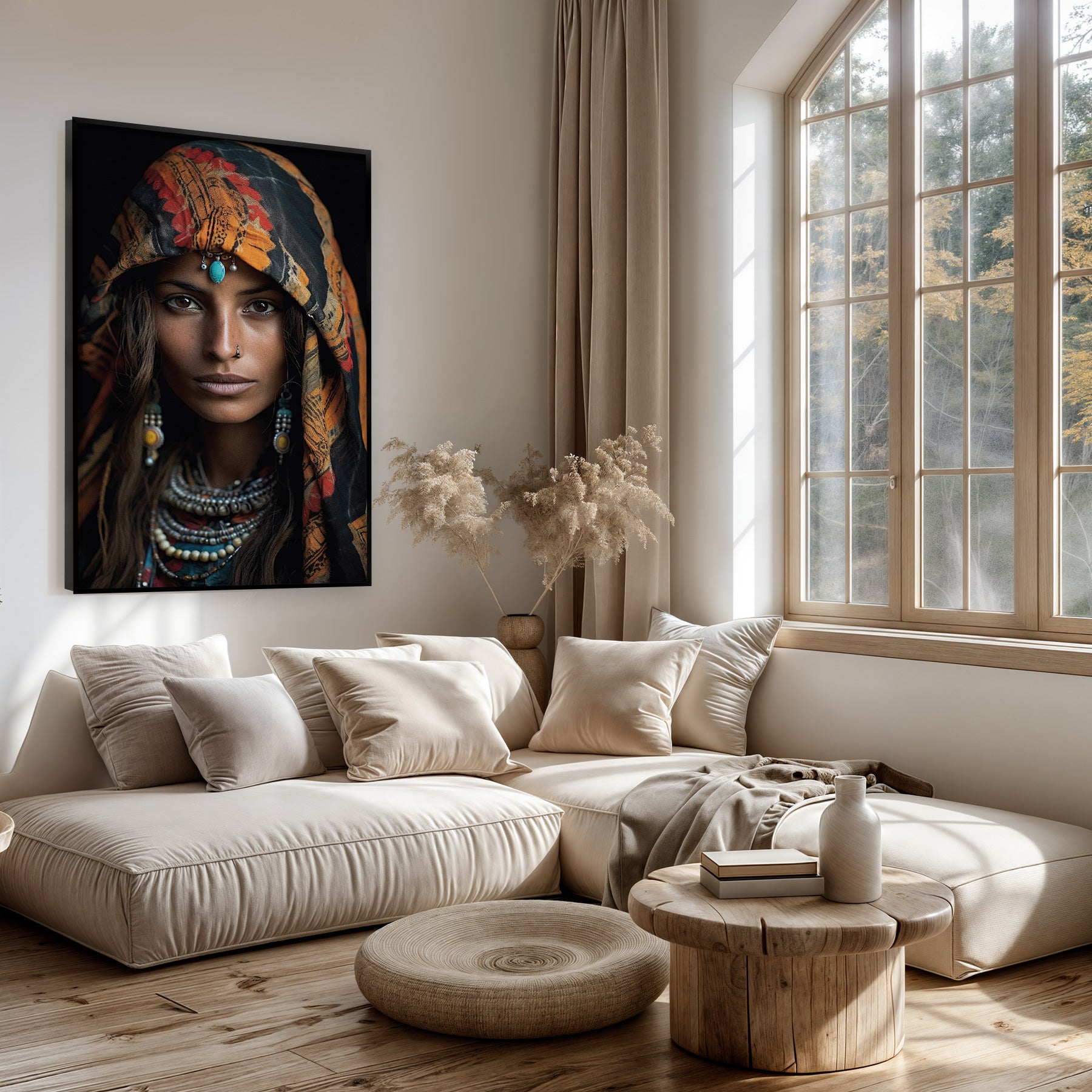 Artframe Vrouw 4 boven een lichte bank in een woonkamer.
