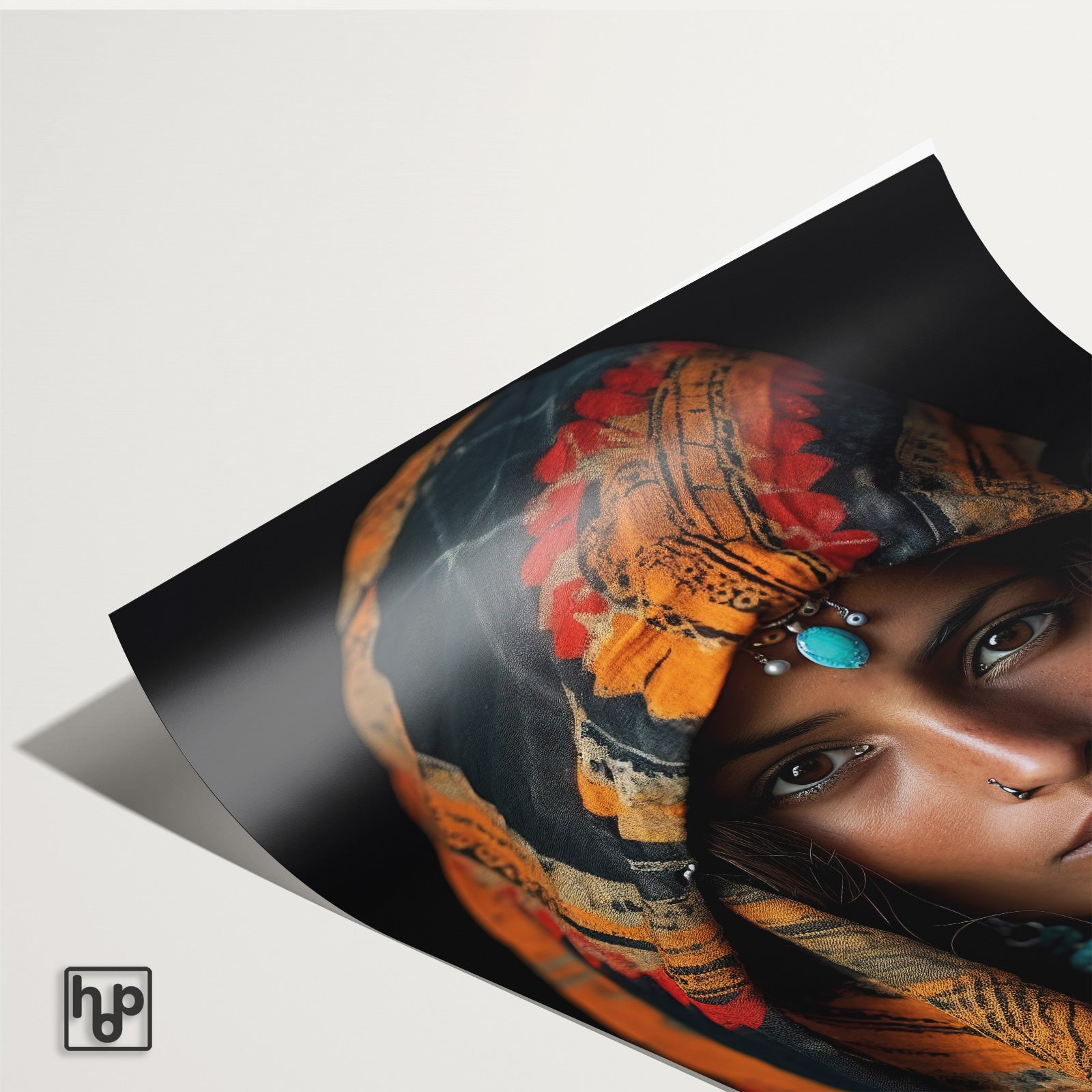 Detail van papieren poster Vrouw 4 met een licht omkrullende hoek.