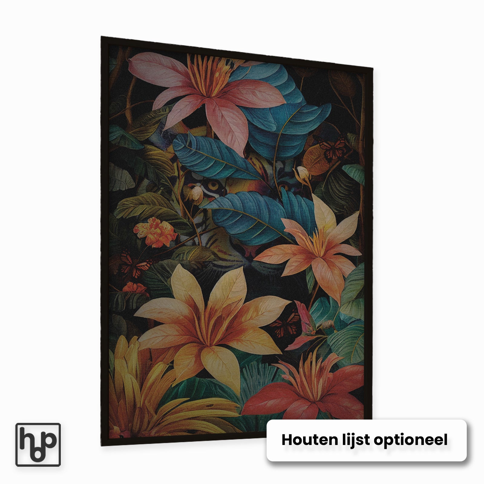 Staande poster met kleurrijke tijgerogen tussen weelderige roze, blauwe en gele jungleplanten.