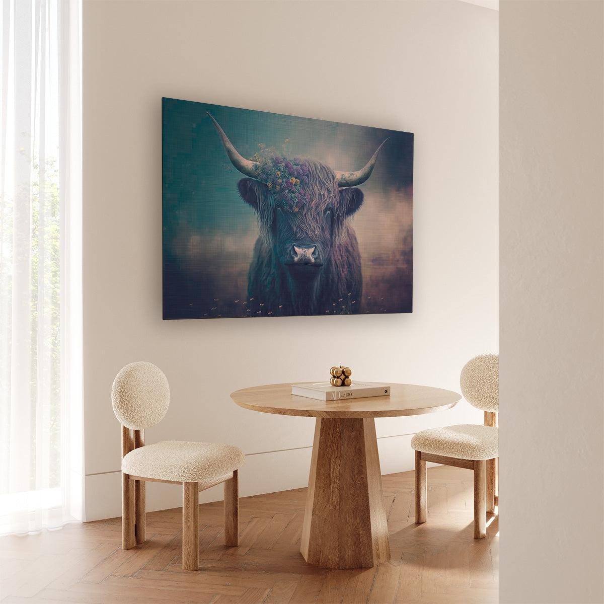 Zwart-witte poster van een Schotse hooglander met bloemen, liggend formaat, aan een lichte muur.