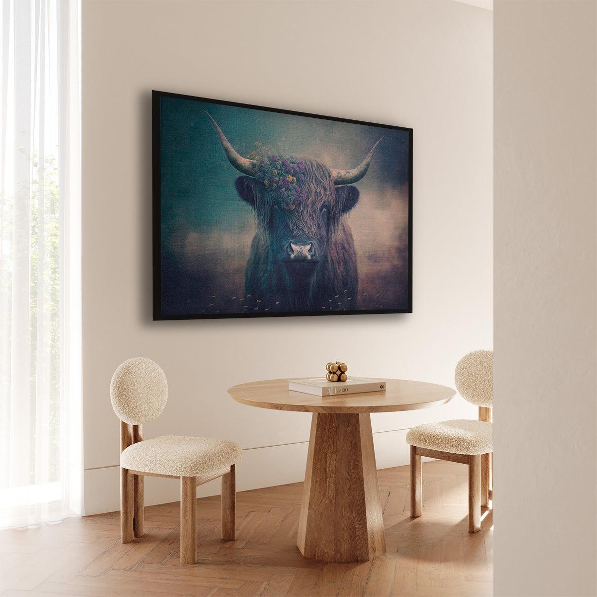 Artframe Schotse hooglander 4 aan de muur bij een ronde houten eettafel.