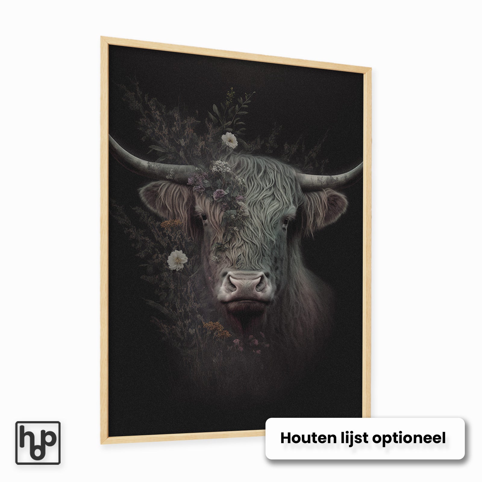 Aluminium Dibond schilderij Schotse hooglander met een optionele naturel houten lijst.