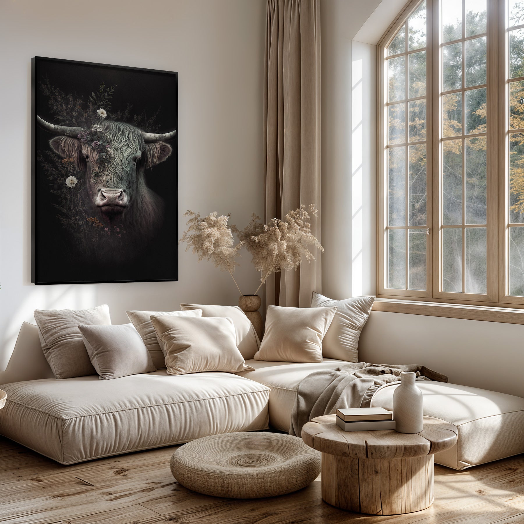 Artframe Schotse hooglander boven een lichte bank in een woonkamer.