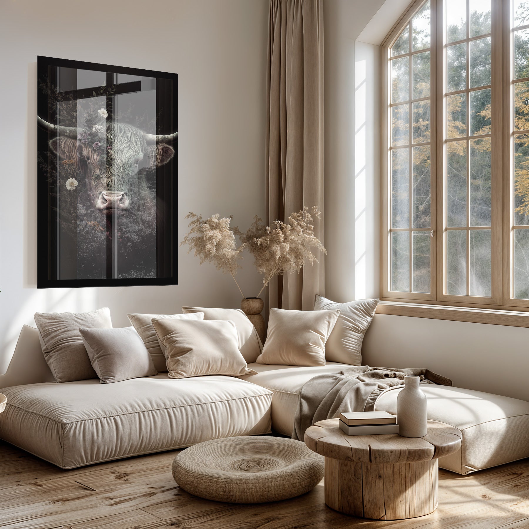 Plexiglas schilderij Schotse hooglander boven een lichte bank in een woonkamer.