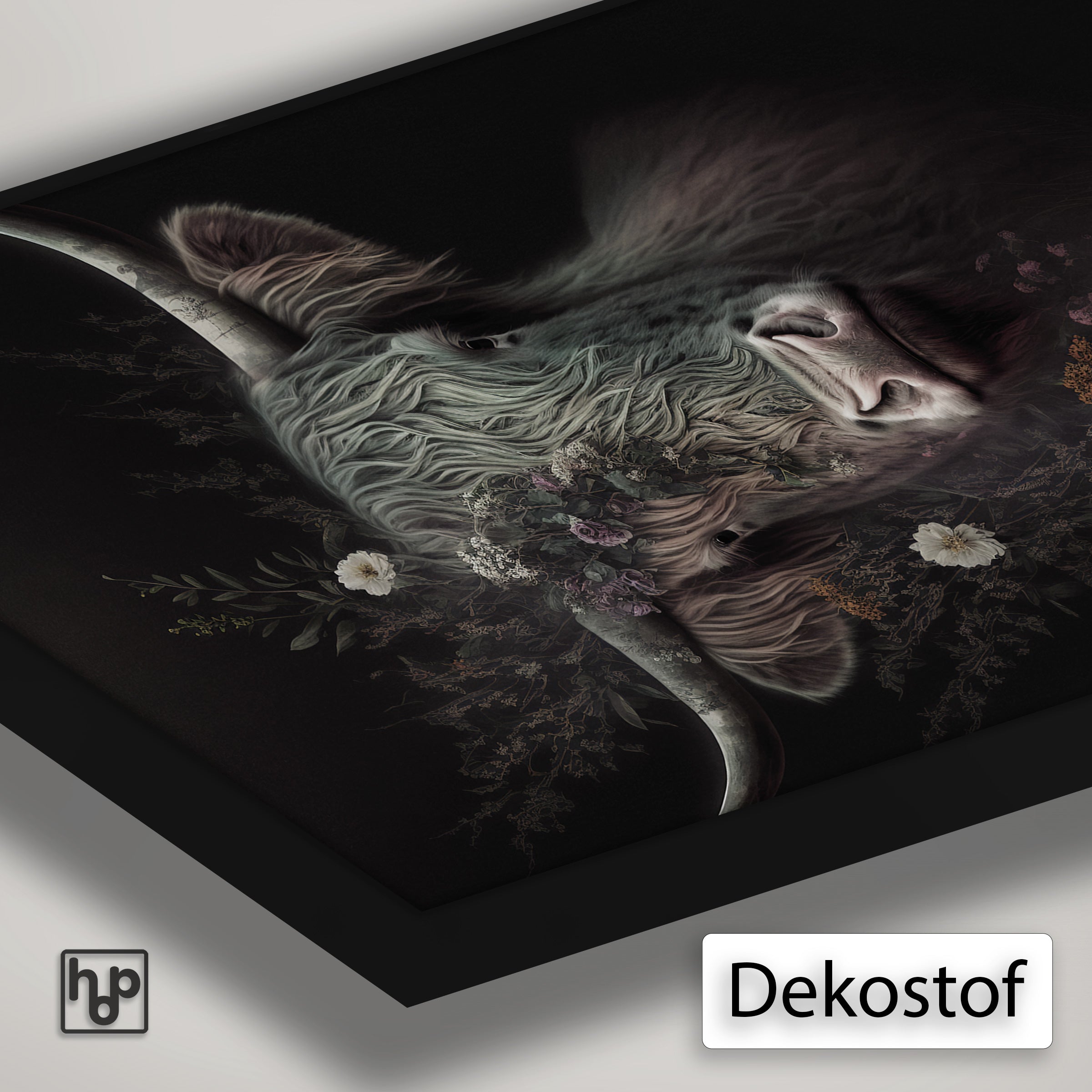 Detail van Artframe Schotse hooglander met dekostof en een zwart aluminium frame.