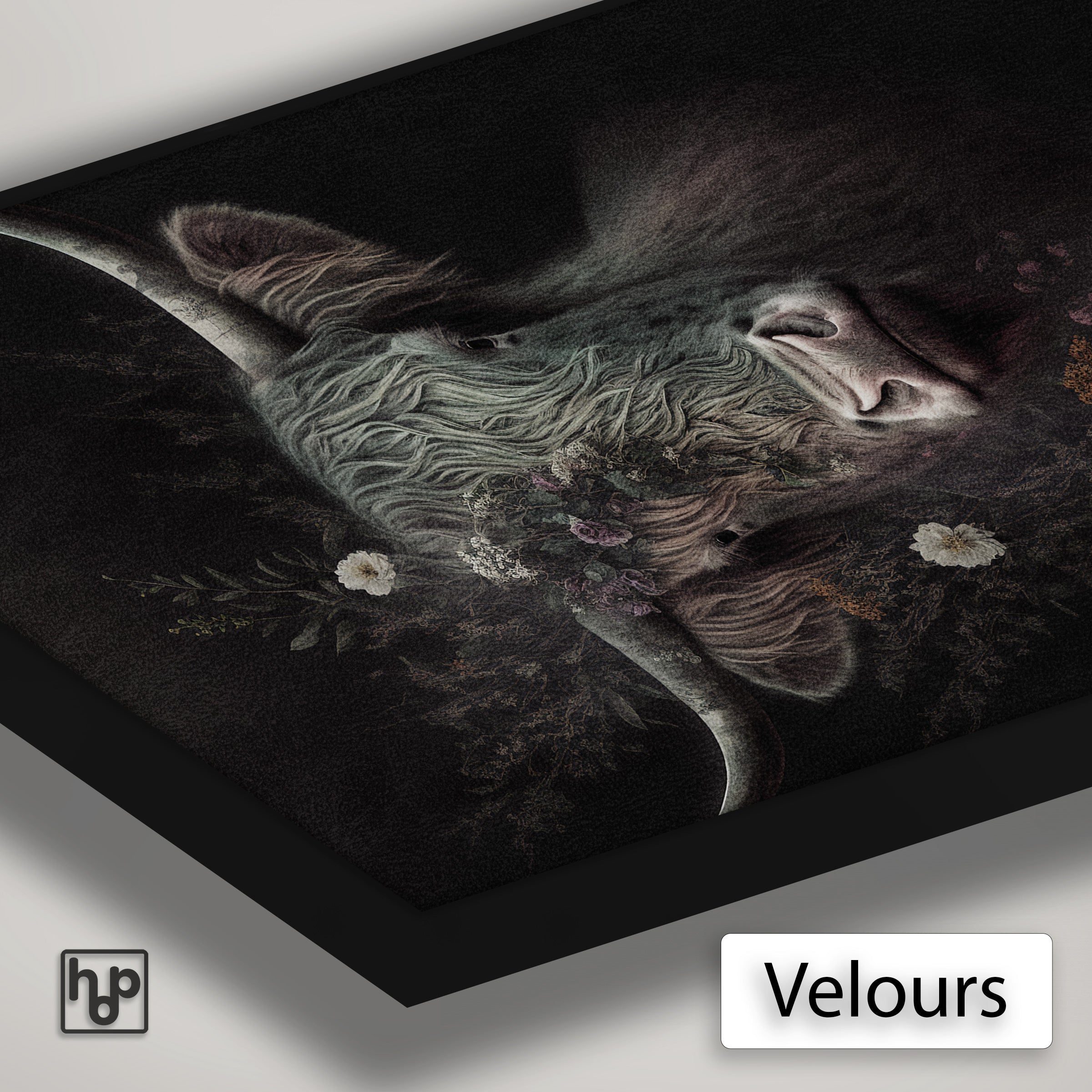 Detail van Artframe Schotse hooglander met velours doek en een zwart aluminium frame.