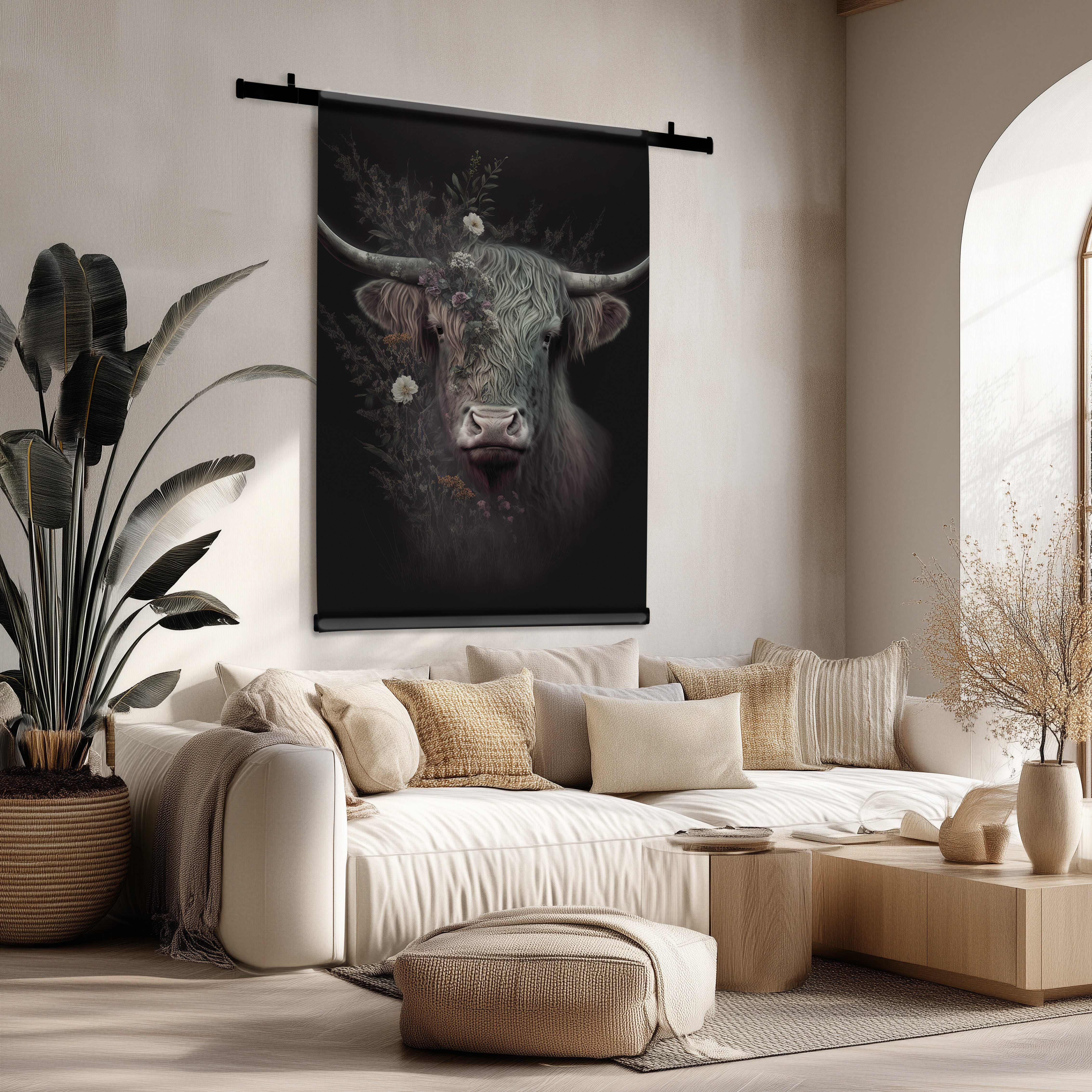 Groot zwart wandkleed met een Schotse hooglander omringd door bloemen, boven een beige bank in een lichte woonkamer.