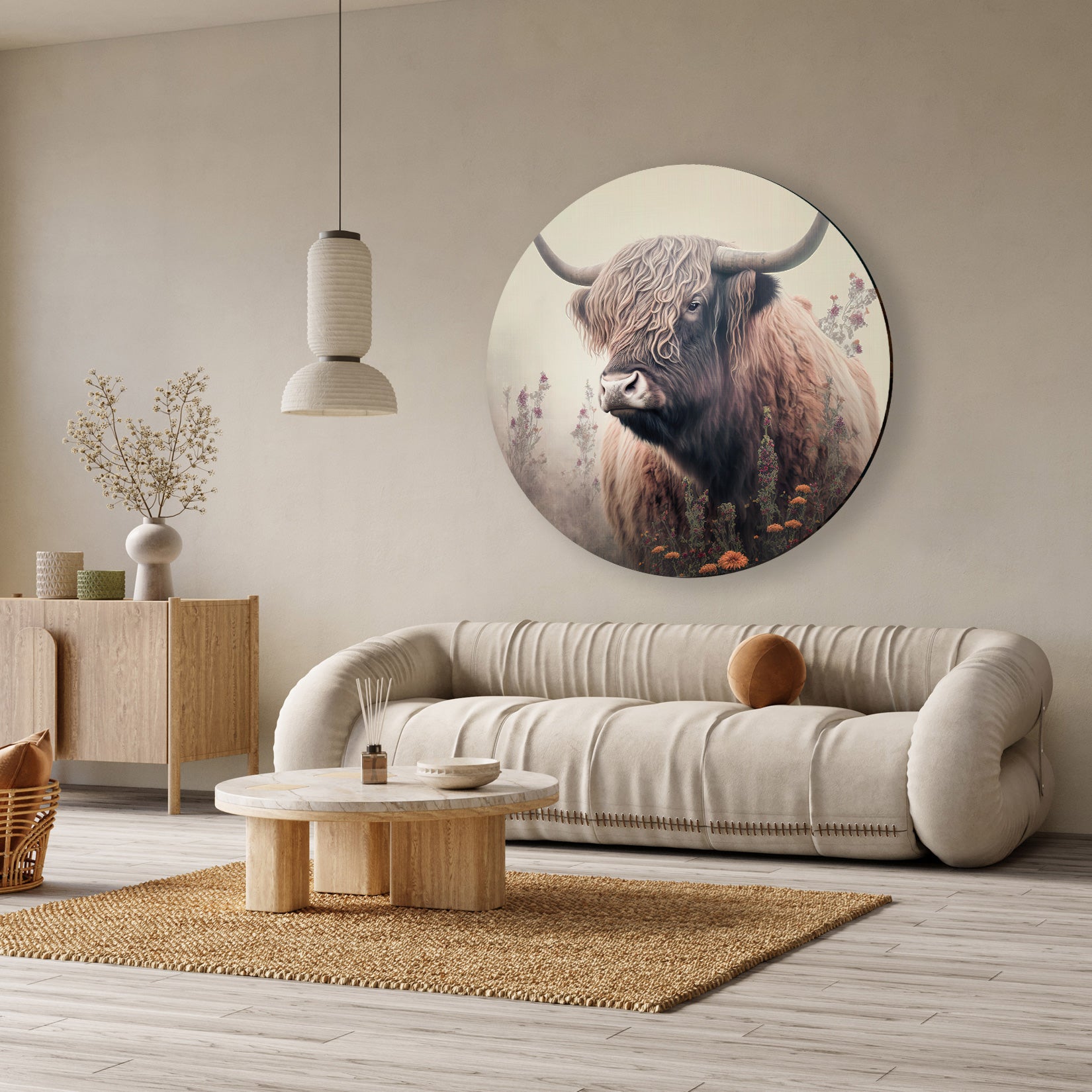Ronde aluminium dibond muurcirkel met een Schotse hooglander in een modern interieur.