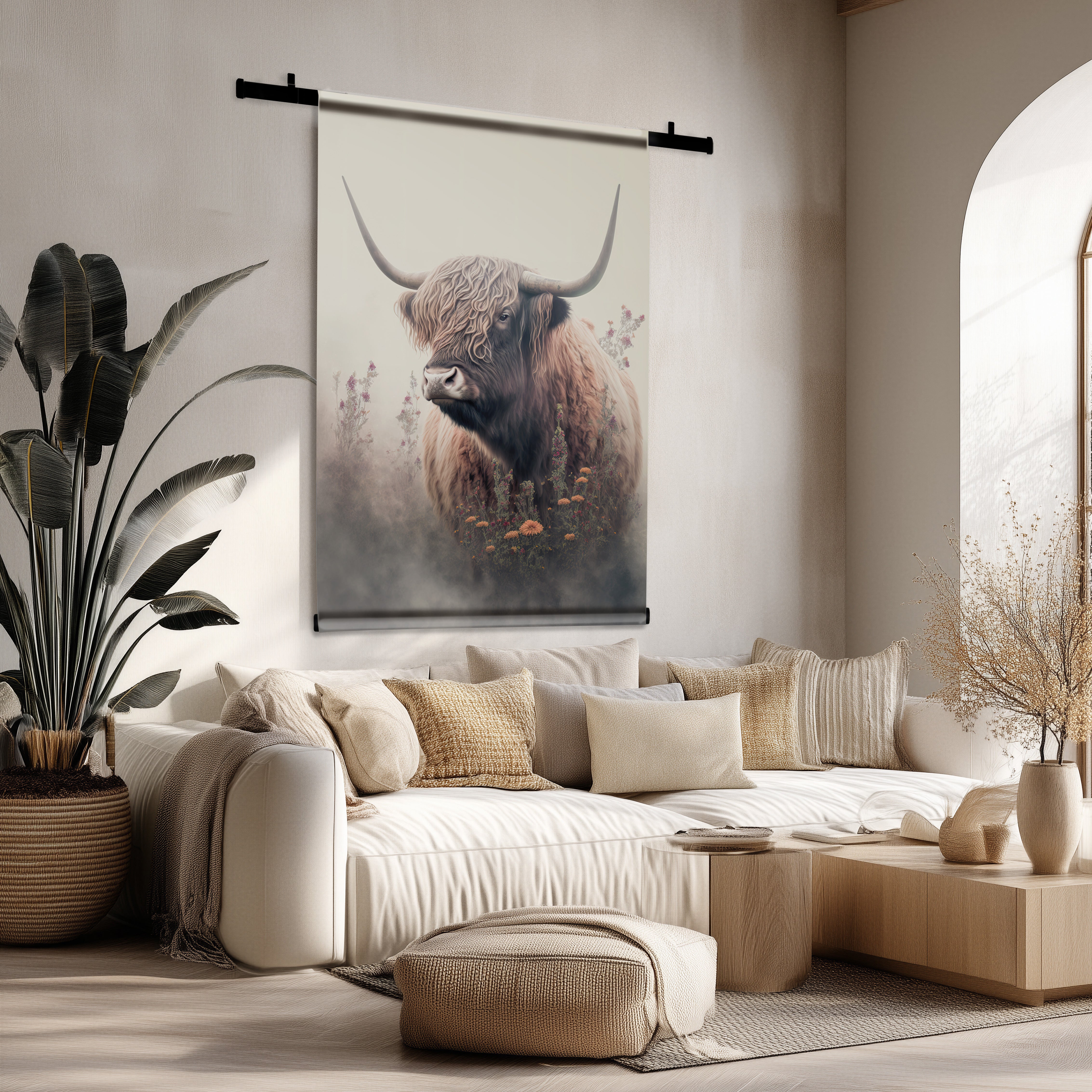 Wandkleed met Schotse hooglander in mistig bloemenveld, hangend boven een lichte bank in een modern interieur.