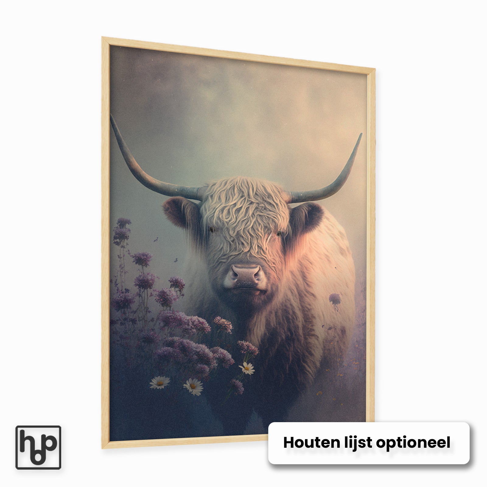 Aluminium Dibond schilderij Schotse hooglander 2 met een optionele naturel houten lijst.