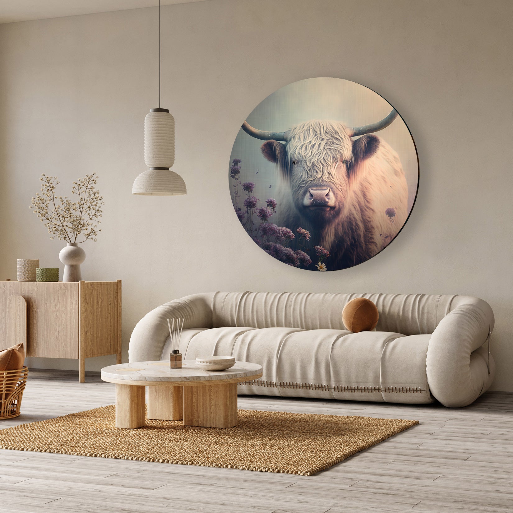Ronde aluminium dibond muurcirkel met een Schotse hooglander en paarse bloemen, boven een beige bank.