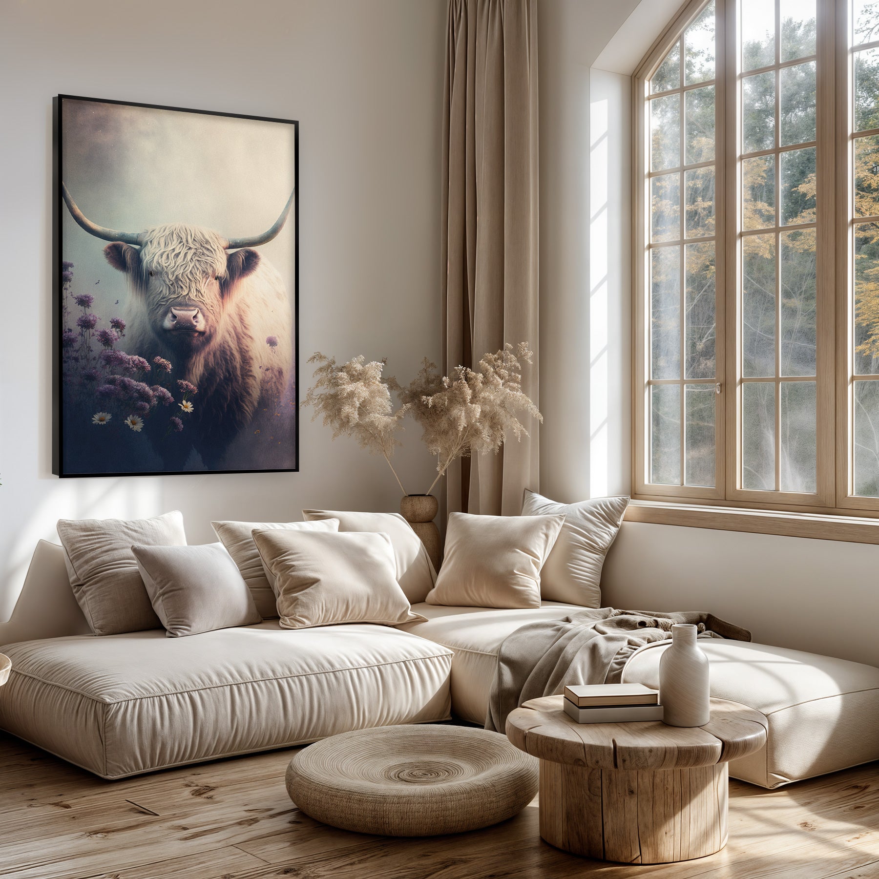 Artframe Schotse hooglander 2 boven een lichte bank in een woonkamer.