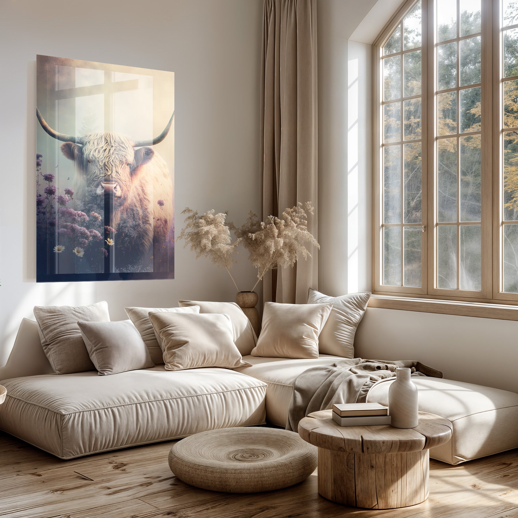 Plexiglas schilderij Schotse hooglander 2 boven een lichte bank in een woonkamer.