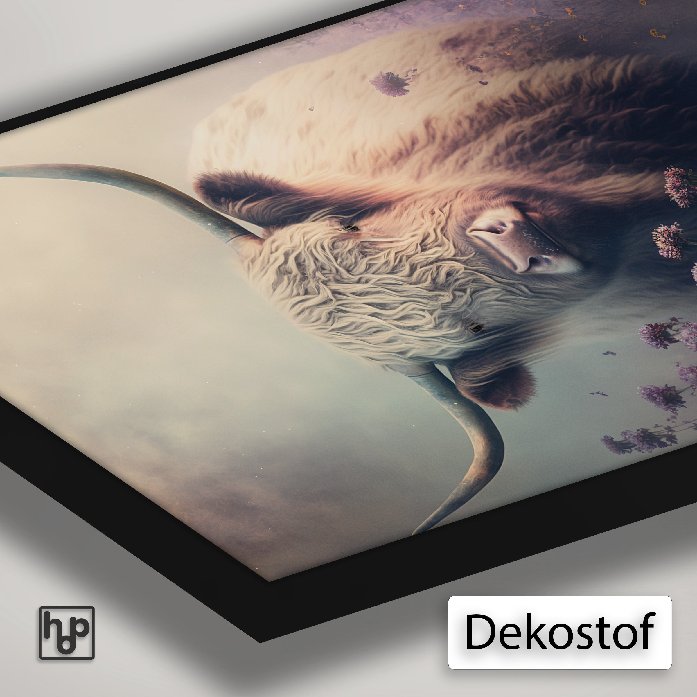 Detail van Artframe Schotse hooglander 2 met dekostof en een zwart aluminium frame.