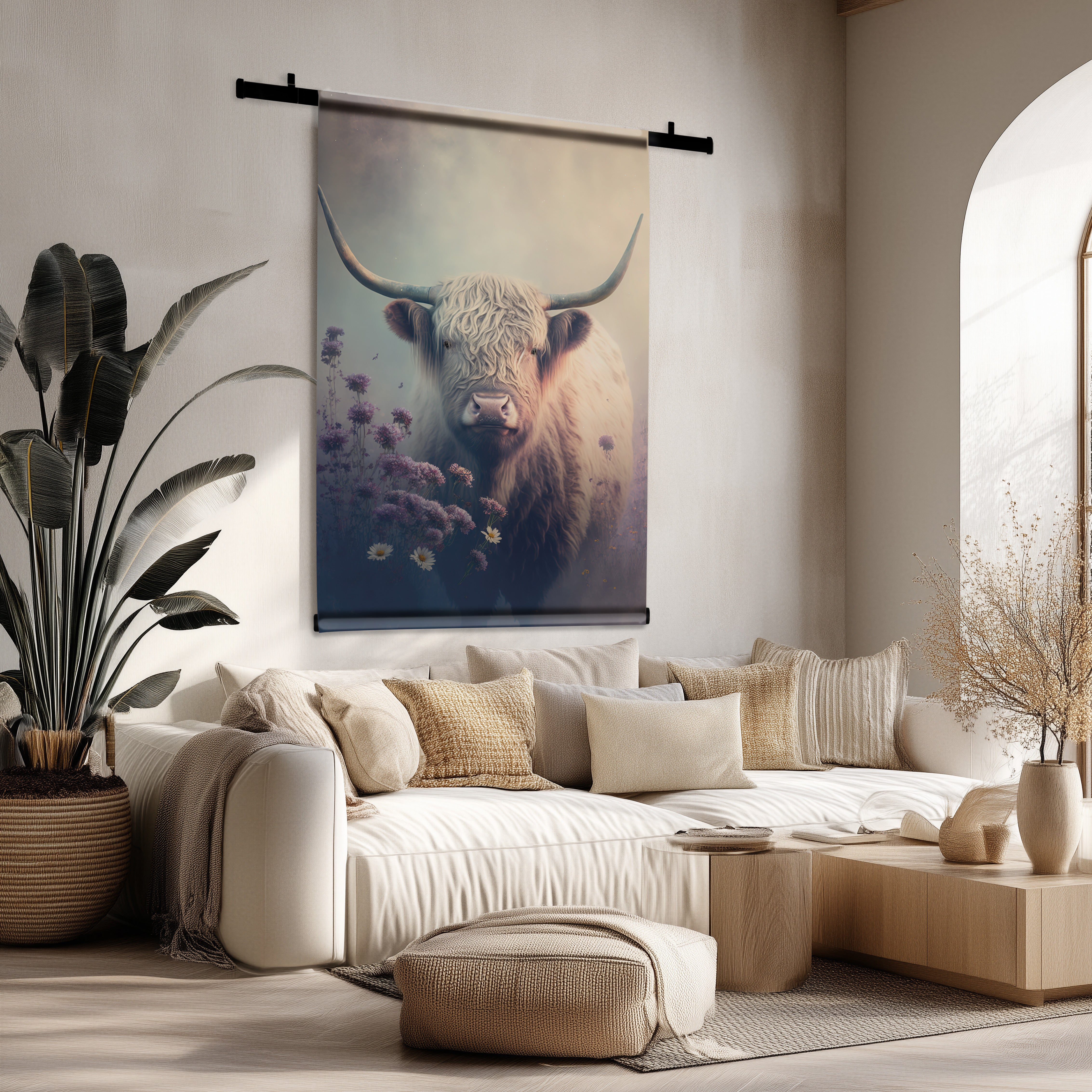 Groot Schotse hooglander wandkleed met zachtroze en paarse bloemen, hangend boven een lichte bank in een modern interieur.