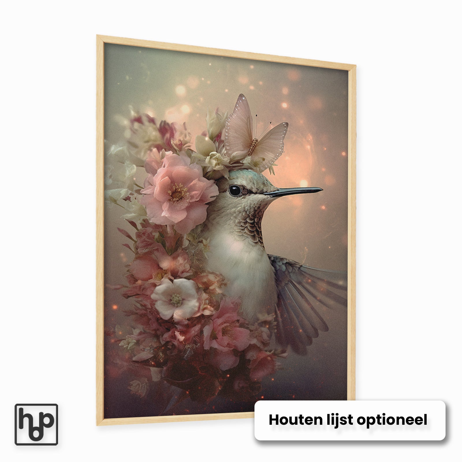 Aluminium Dibond schilderij Kolibri 2 met een optionele naturel houten lijst.