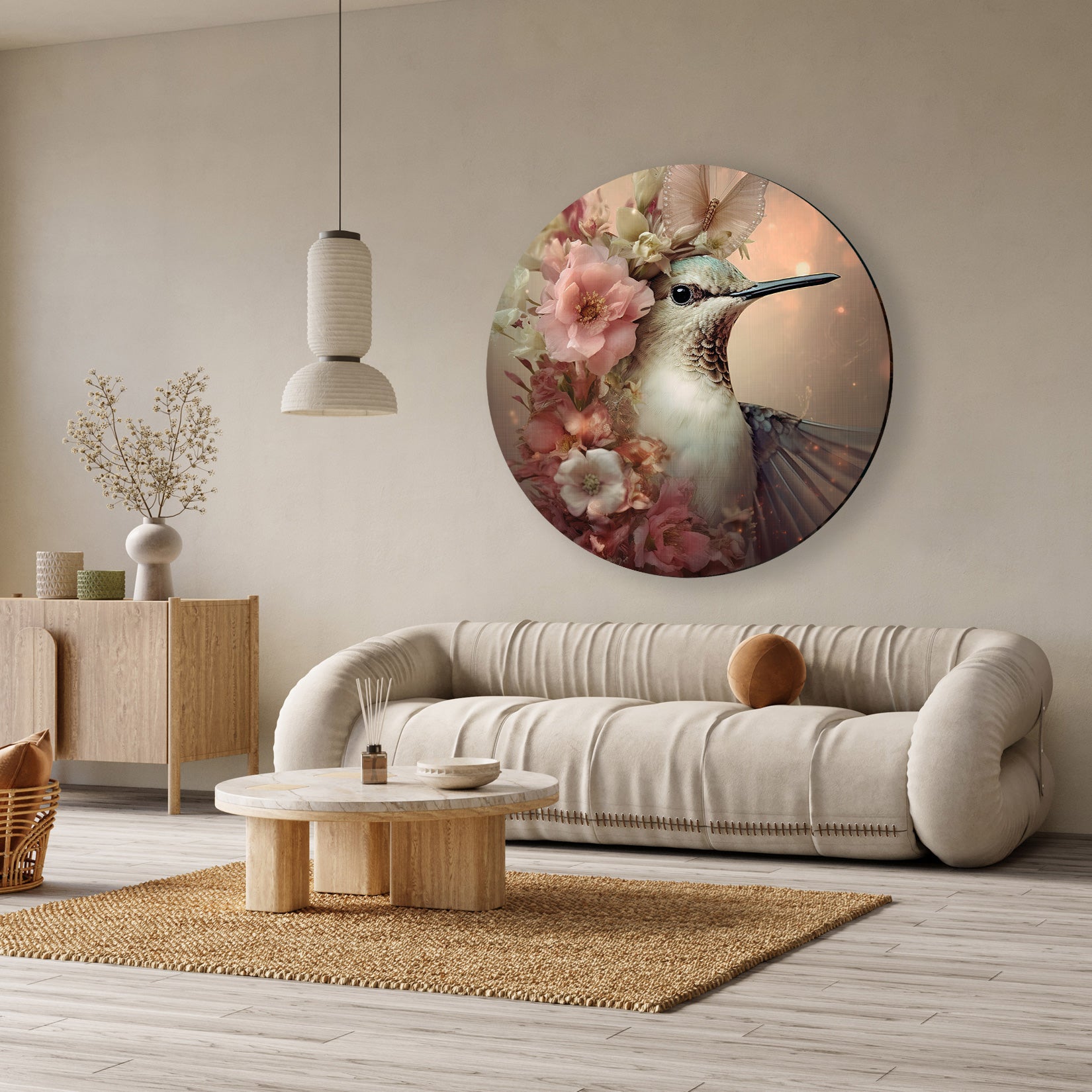 Ronde aluminium dibond muurcirkel met een kolibrie en roze bloemen boven een beige bank.
