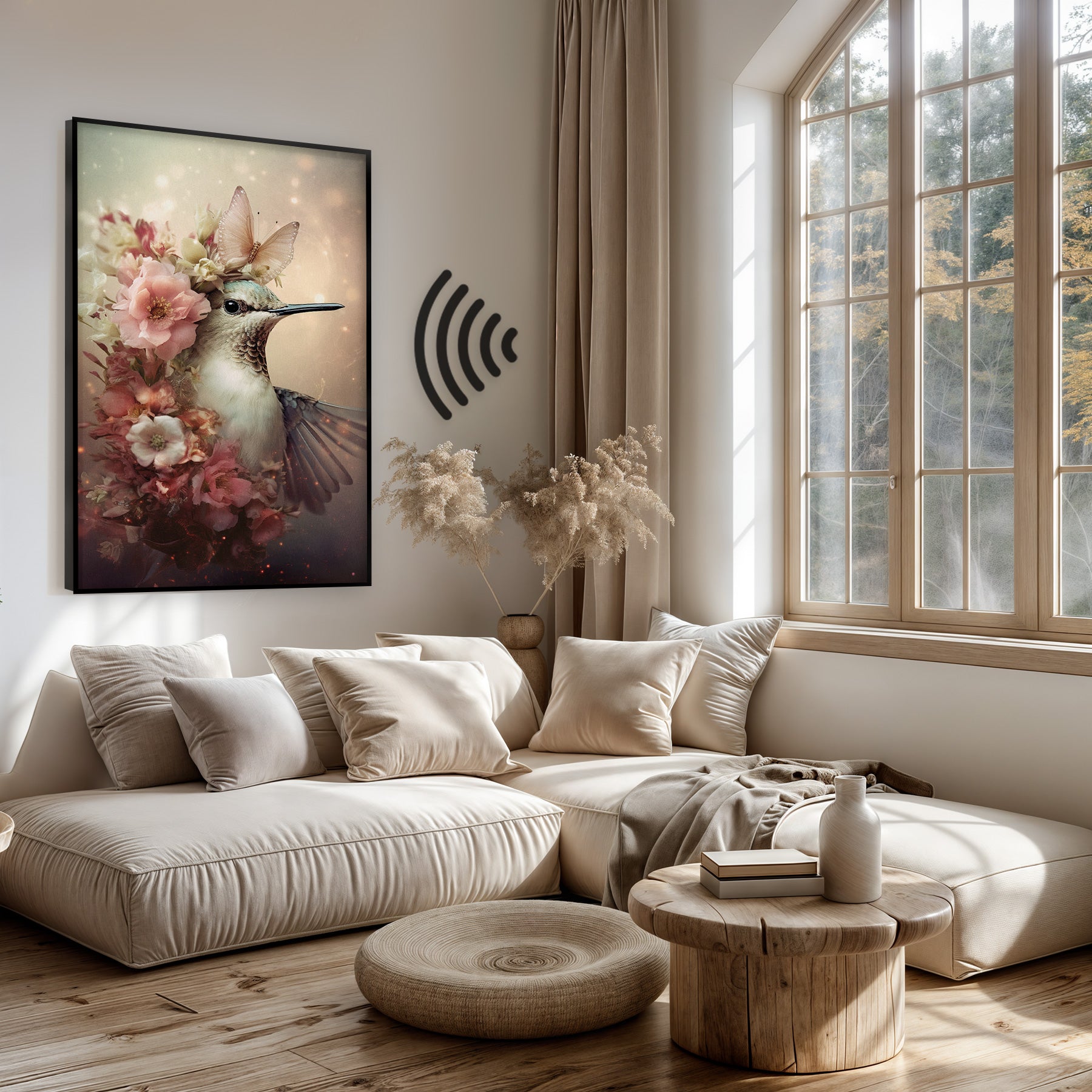 Akoestisch paneel Kolibri 2 boven een lichte bank in een woonkamer.