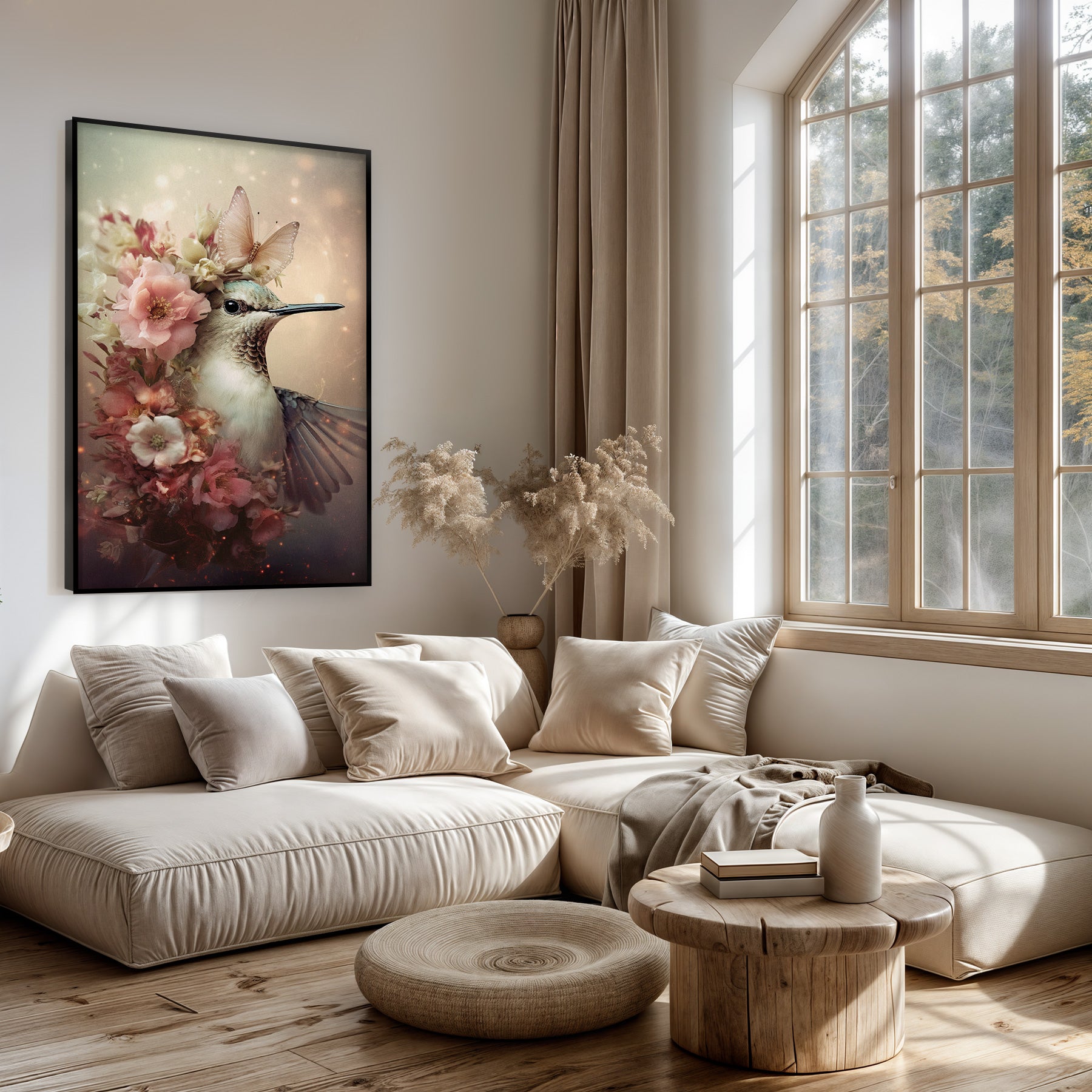 Artframe Kolibri 2 boven een lichte bank in een woonkamer.