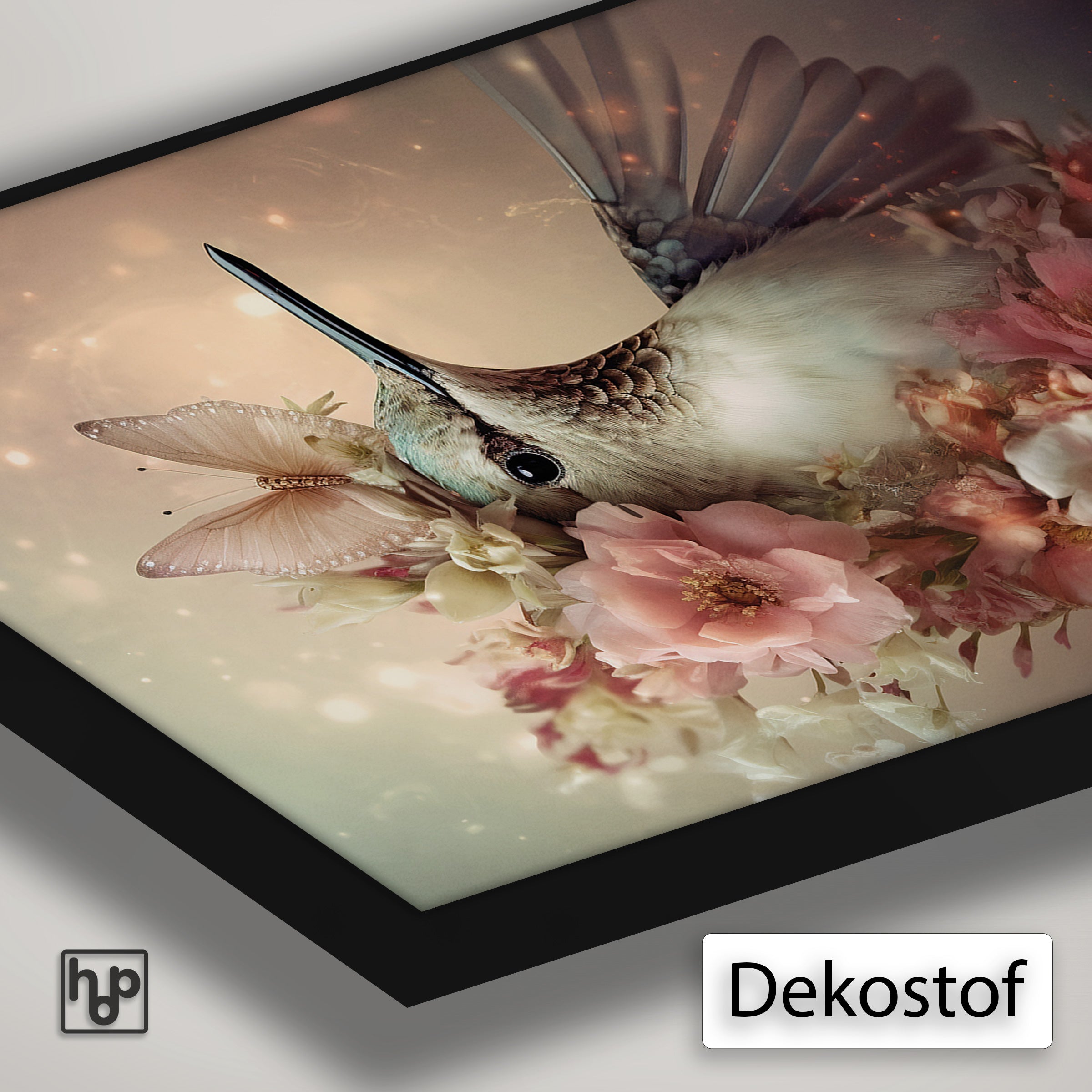 Detail van Artframe Kolibri 2 met dekostof en een zwart aluminium frame.