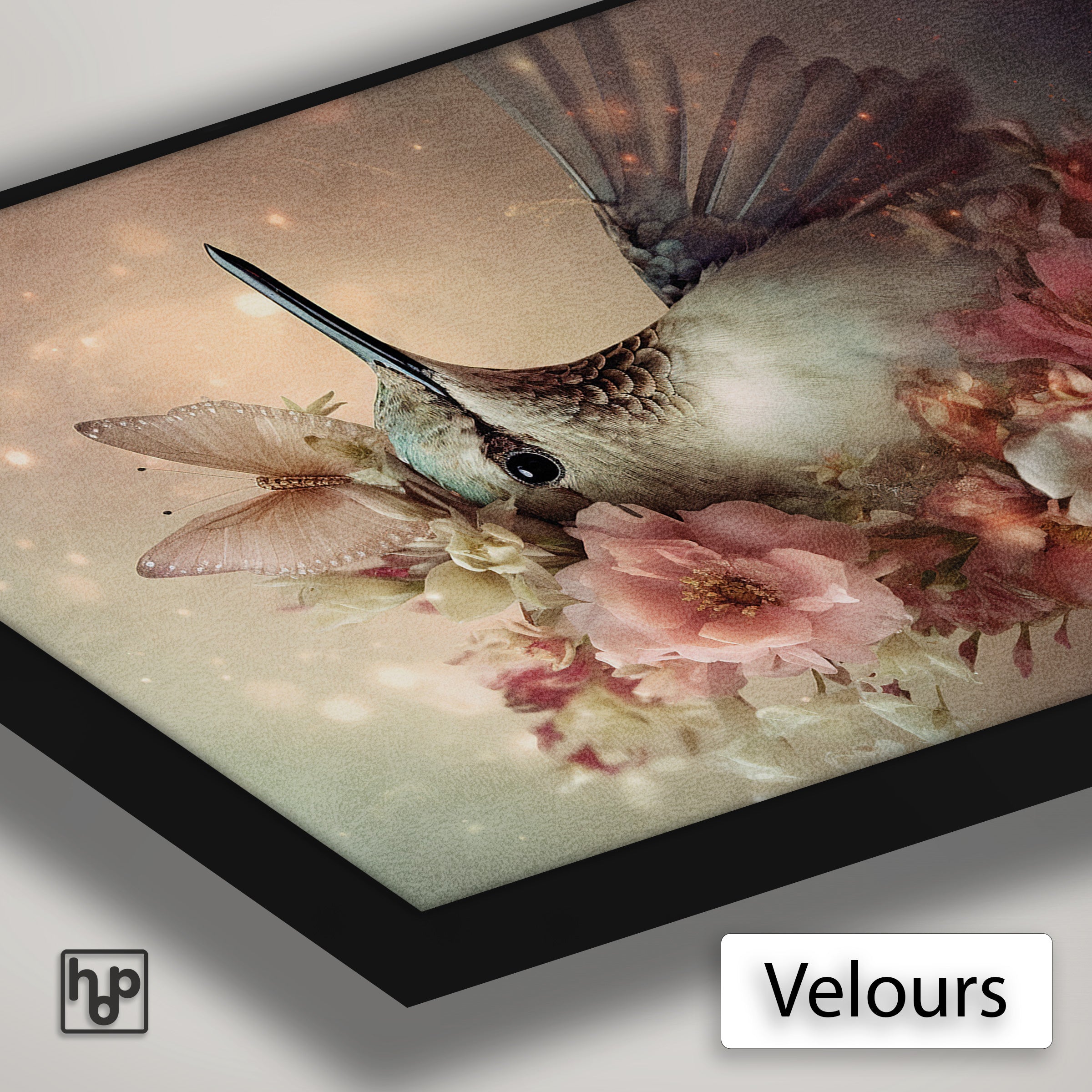 Detail van Artframe Kolibri 2 met velours doek en een zwart aluminium frame.