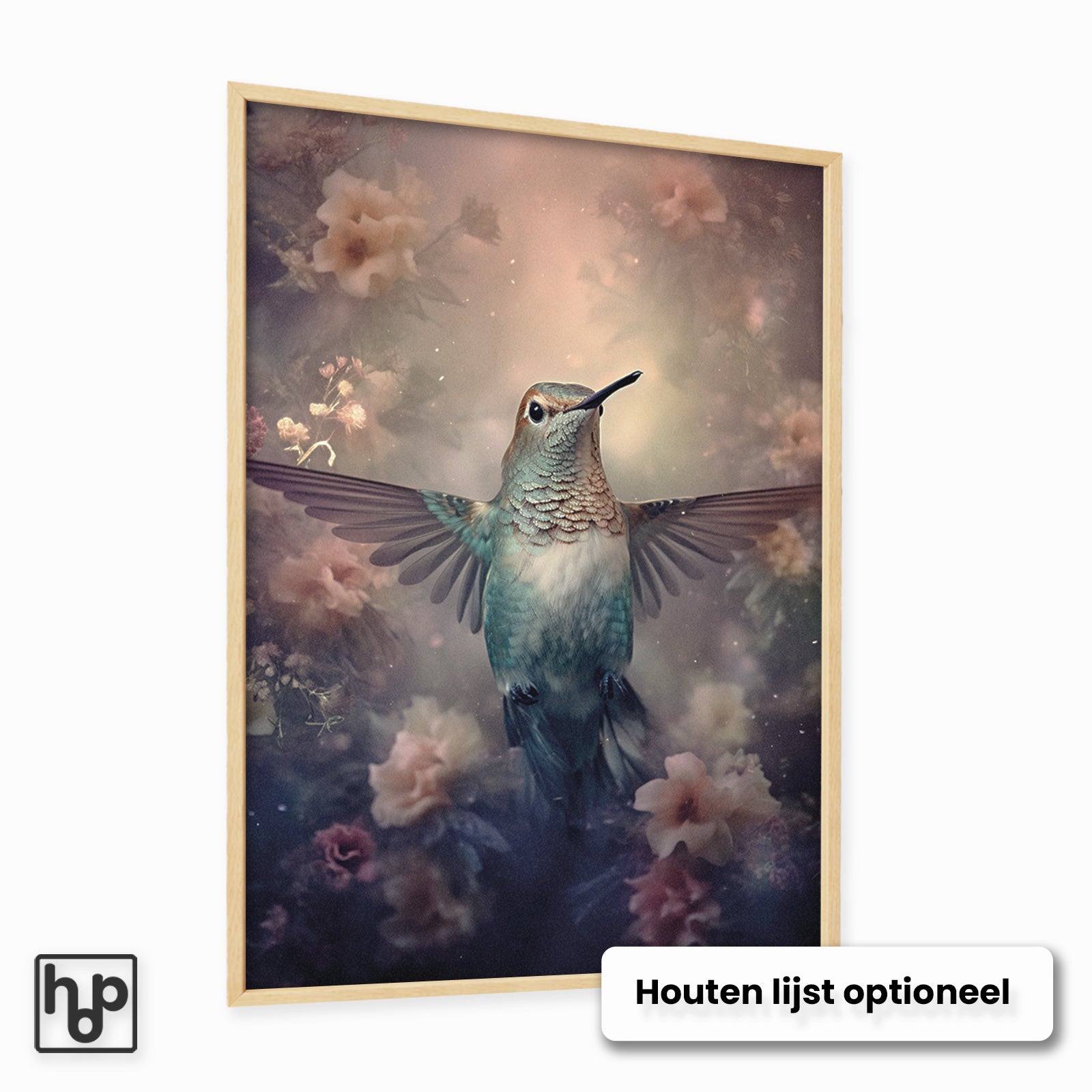Aluminium Dibond schilderij Kolibri met een optionele naturel houten lijst.