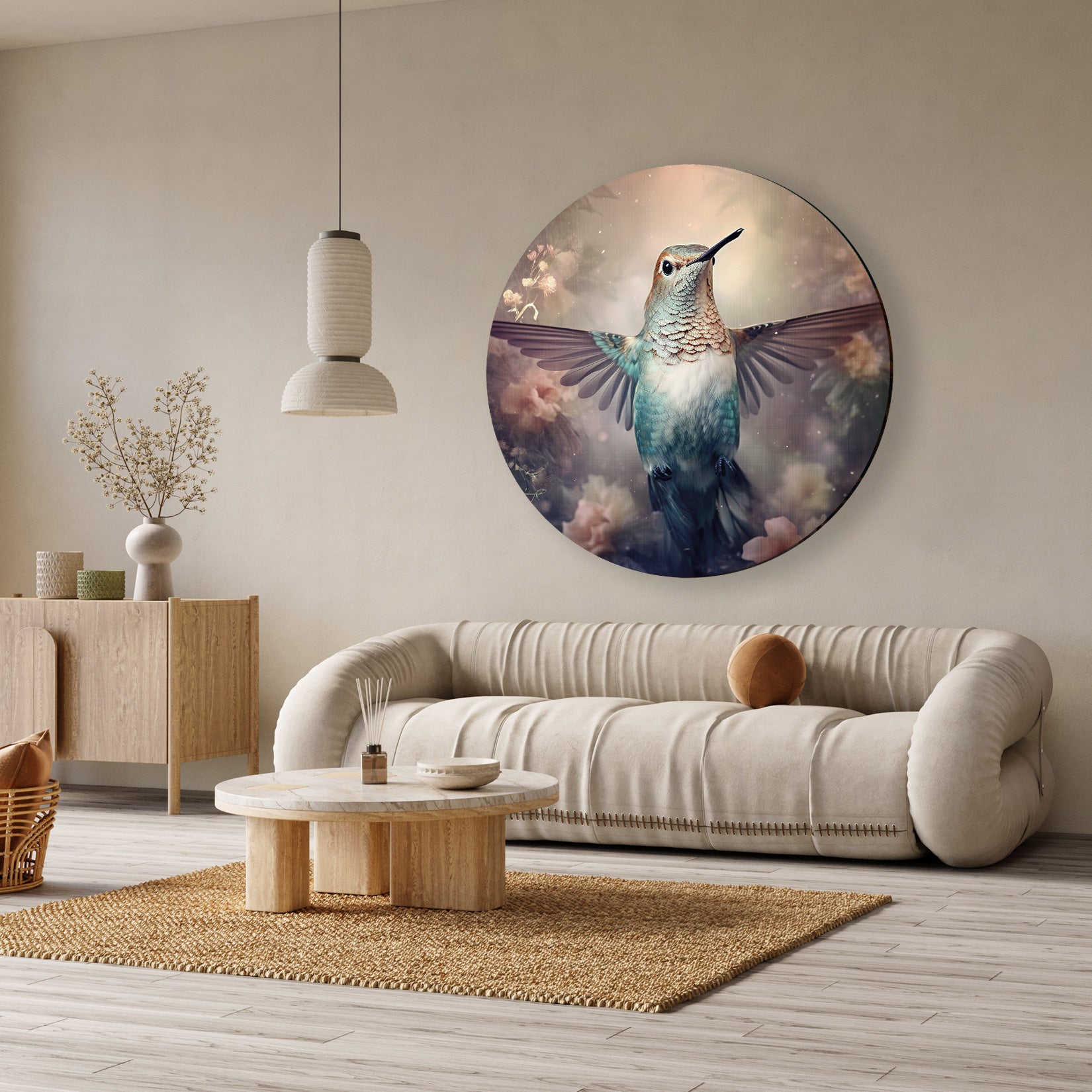 Aluminium muurcirkel Kolibri boven een beige bank in een lichte woonkamer.
