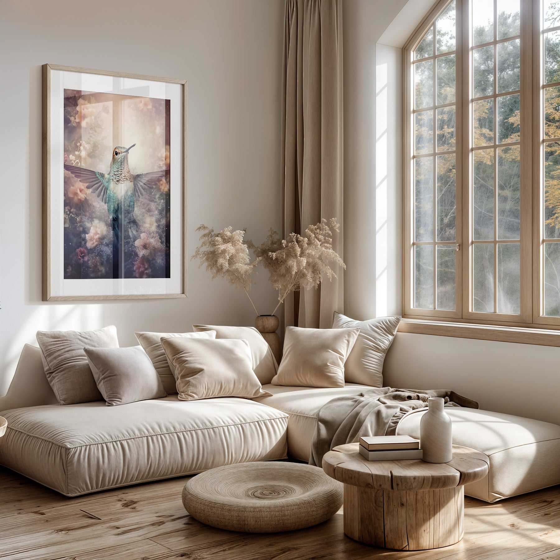 Papieren poster Kolibri boven een lichte bank in een woonkamer.