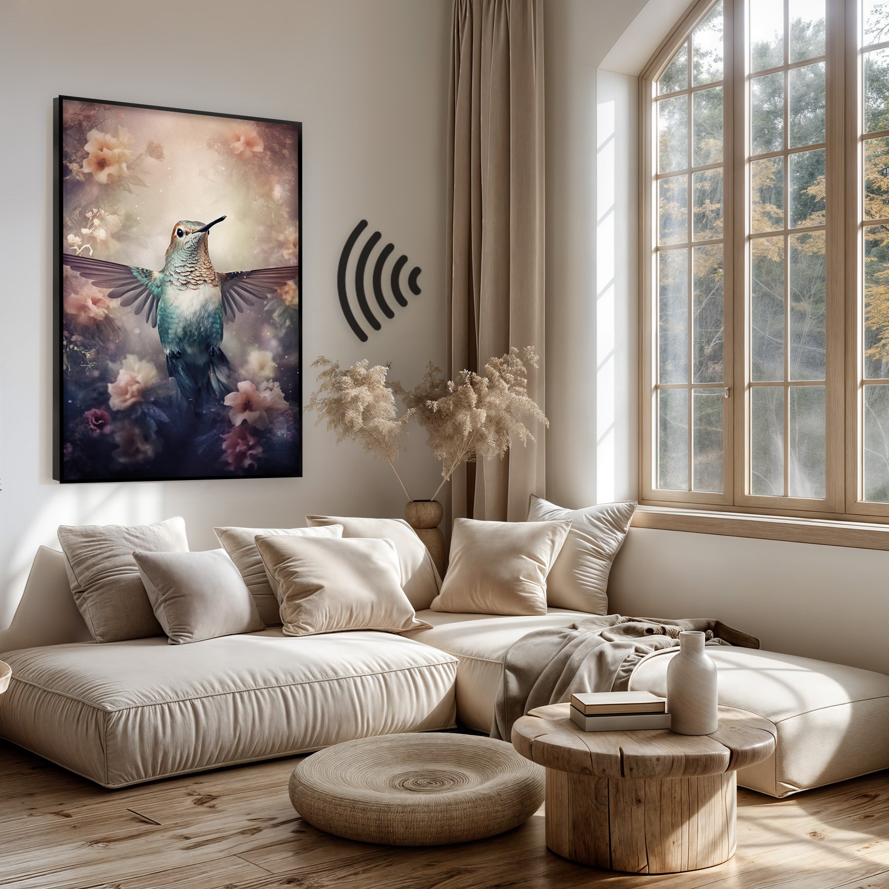 Akoestisch paneel Kolibri boven een lichte bank in een woonkamer.