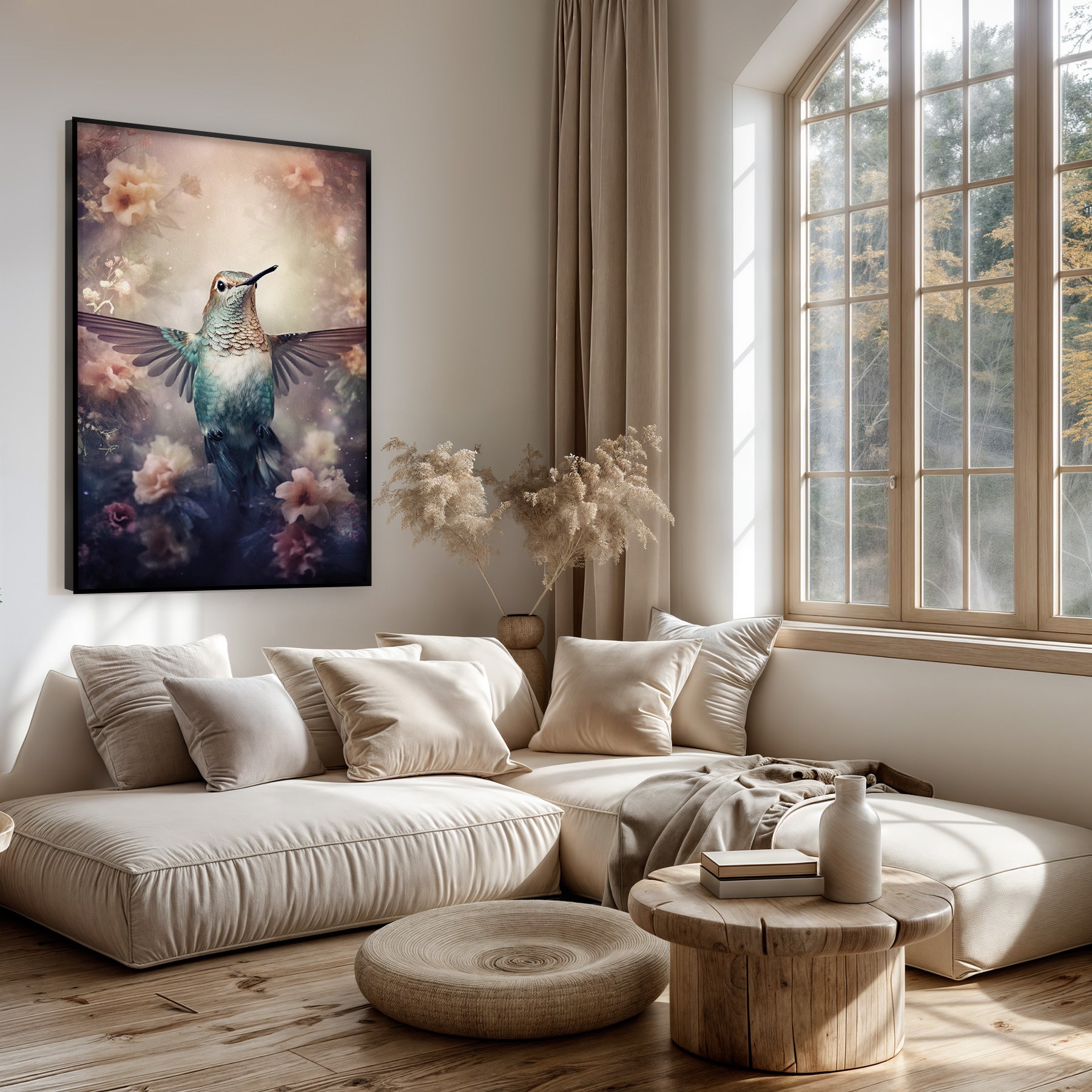 Artframe Kolibri boven een lichte bank in een woonkamer.