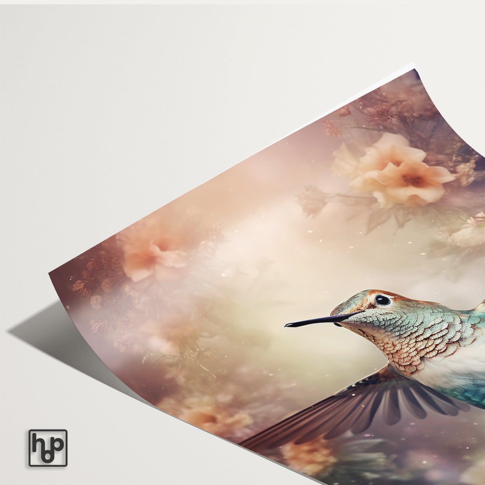 Detail van papieren poster Kolibri met een licht omkrullende hoek.