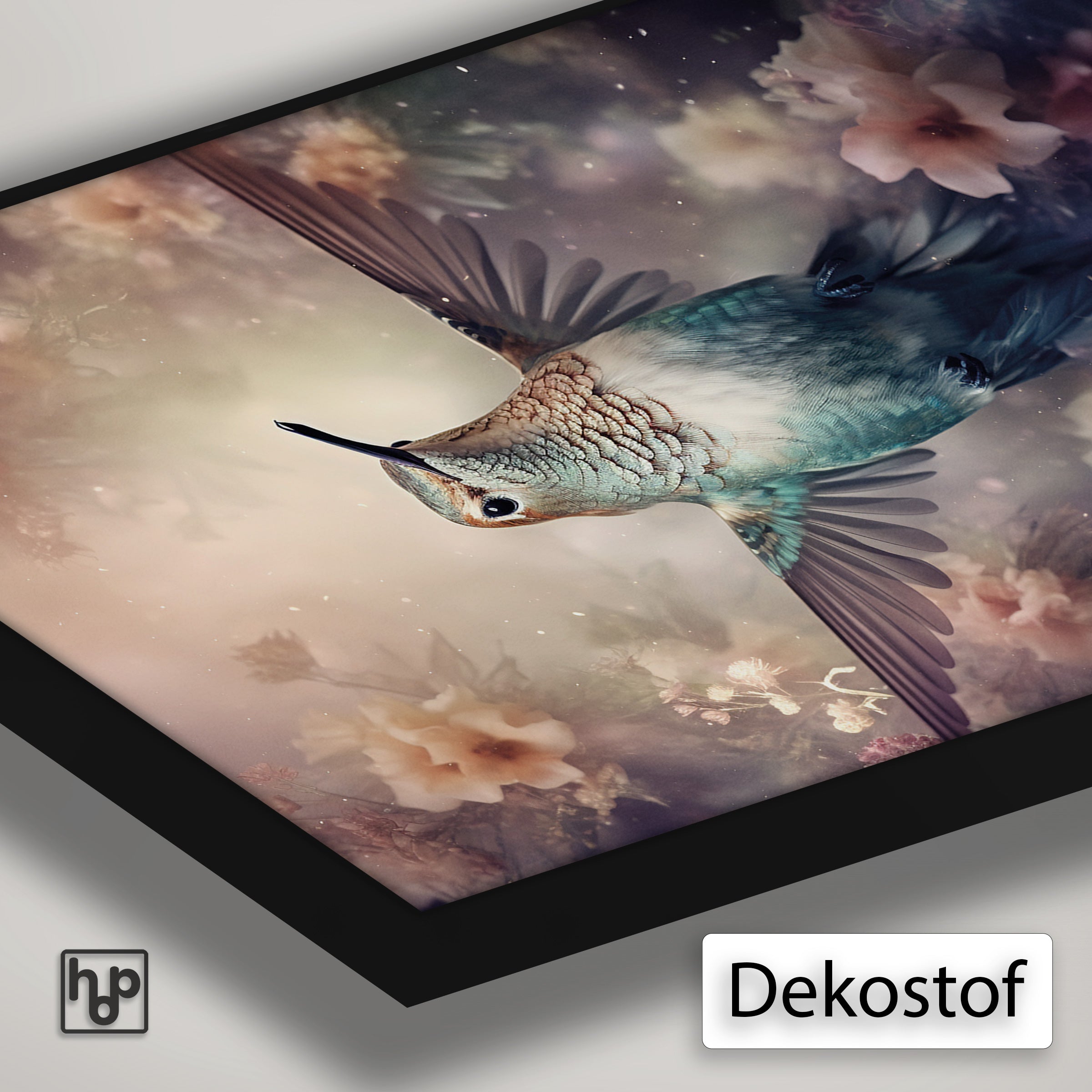 Detail van Artframe Kolibri met dekostof en een zwart aluminium frame.