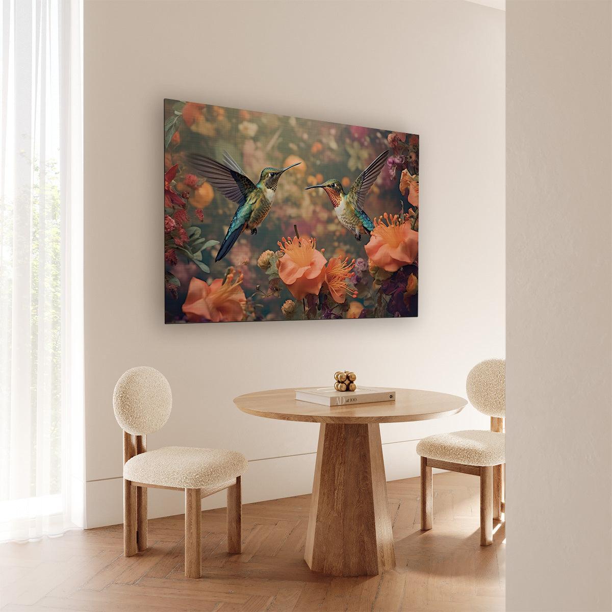 Liggende wanddecoratie met twee kleurrijke kolibries tussen oranje bloemen in een zachte, levendige stijl.