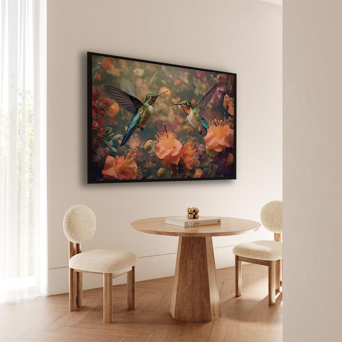 Artframe Kolibries 3 aan de muur bij een ronde houten eettafel.