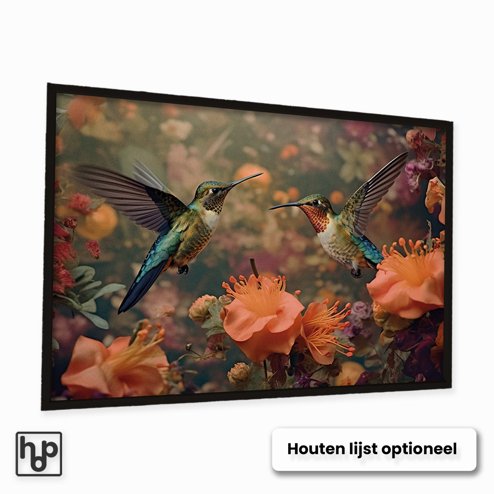 Liggende wanddecoratie met twee sierlijke kolibries en zachte, levendige botanische bloemen.