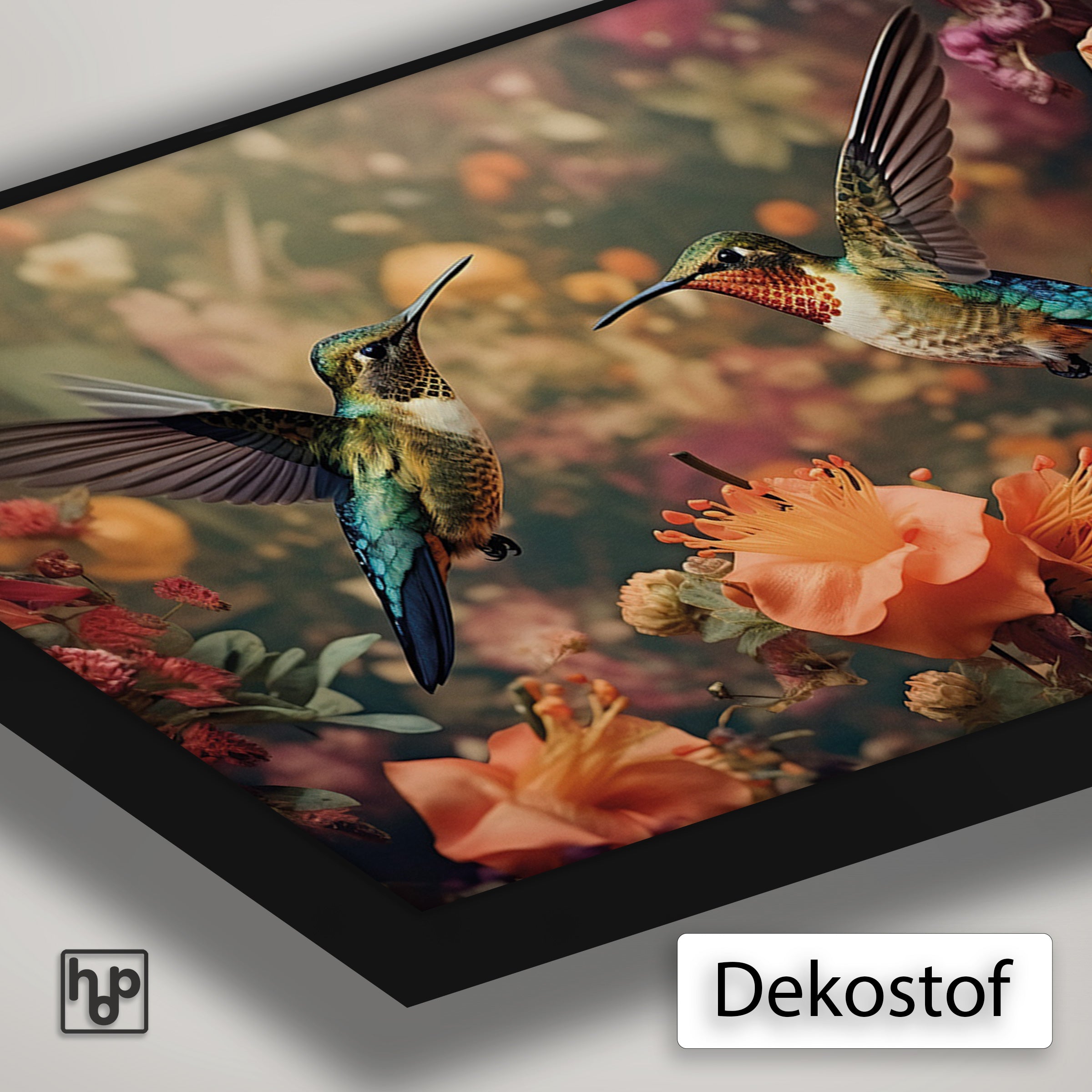 Detail van Artframe Kolibries 3 met dekostof en een zwart aluminium frame.