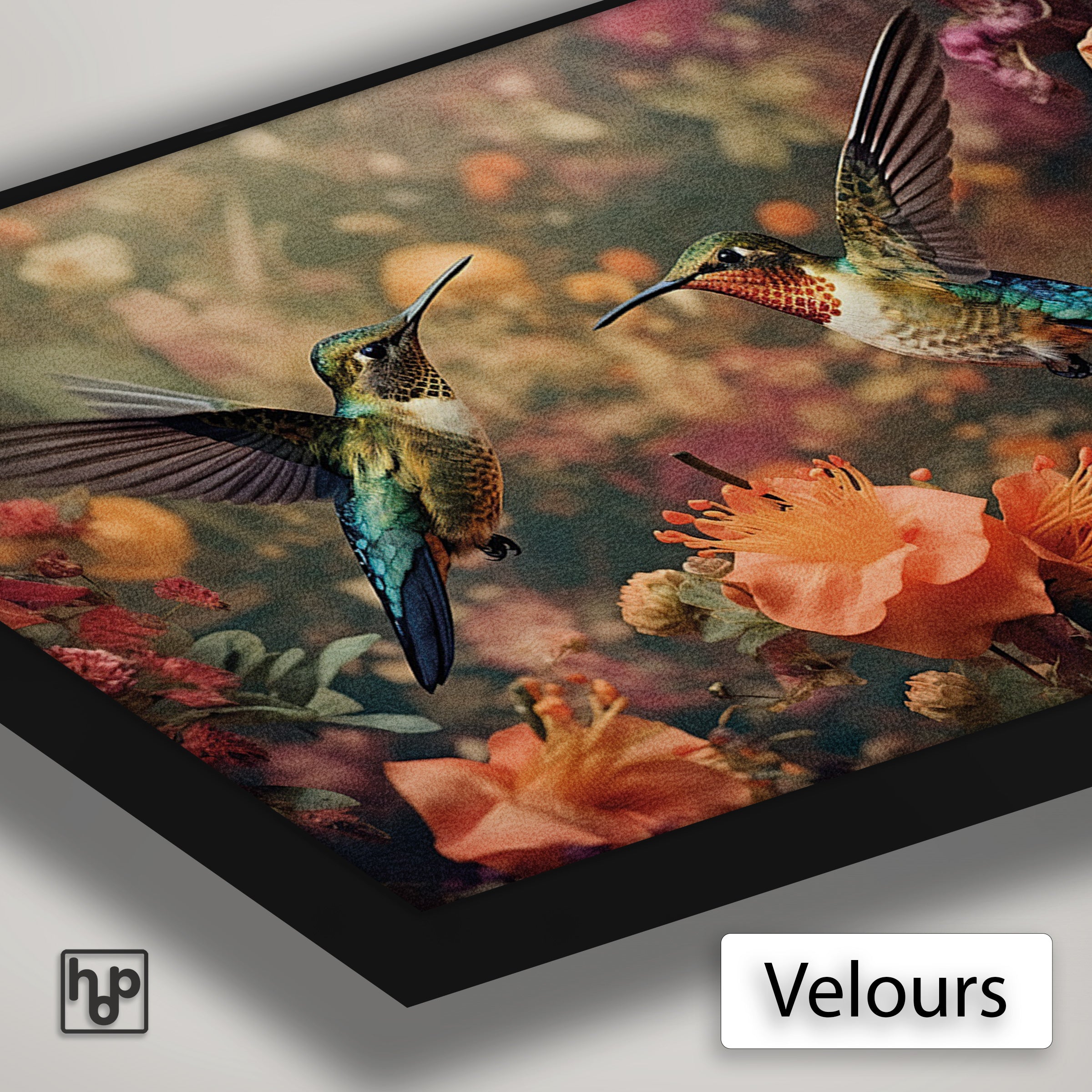 Detail van Artframe Kolibries 3 met velours doek en een zwart aluminium frame.