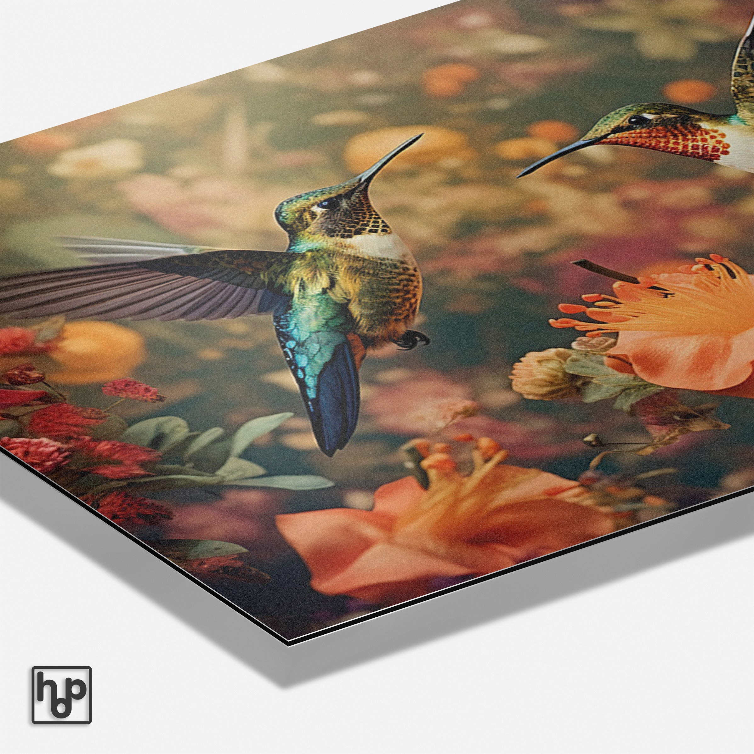 Liggende botanische wanddecoratie met twee sierlijke, kleurrijke kolibries tussen zachte bloemen.