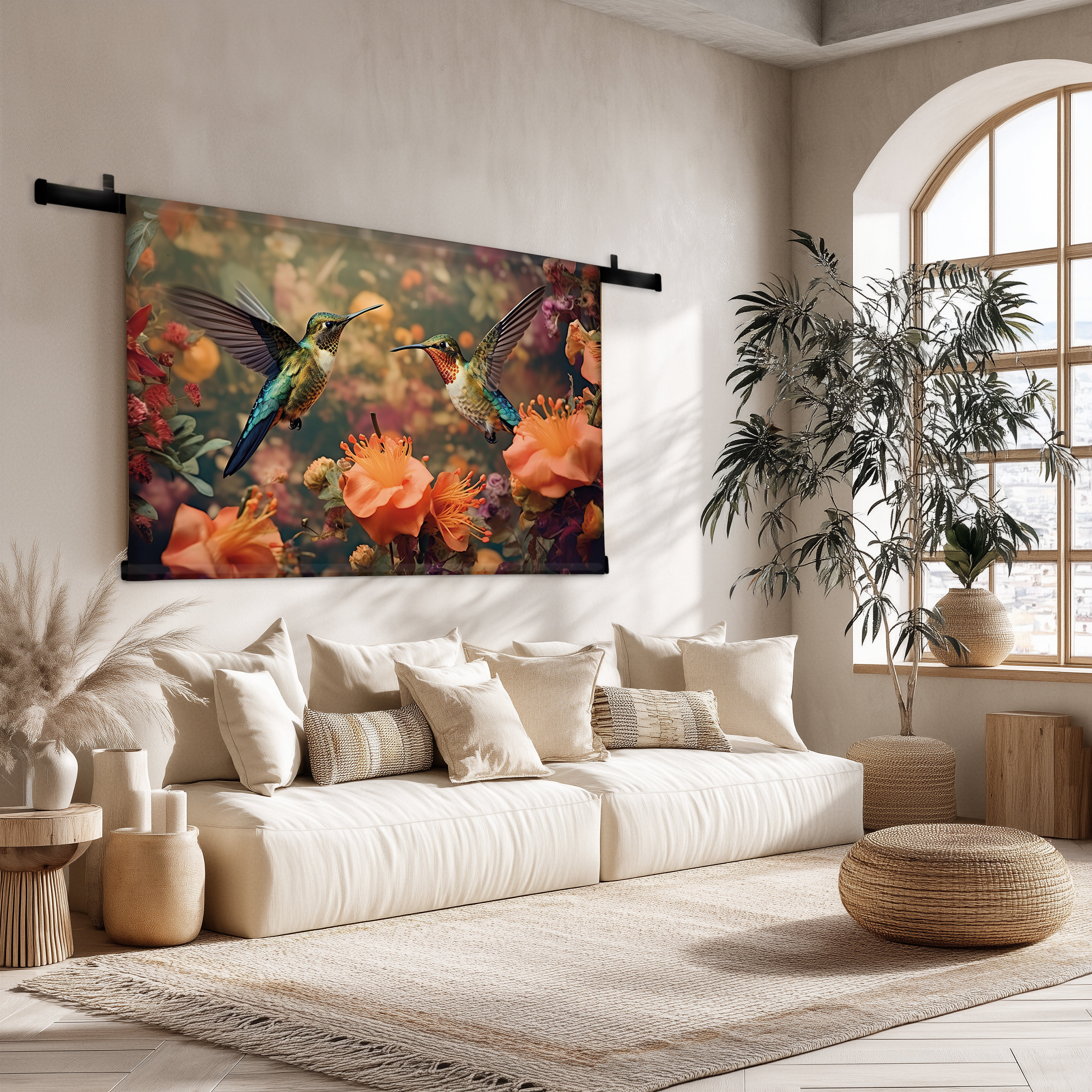 Wandkleed Kolibries 3 met twee kolibries en oranje bloemen in een lichte woonkamer met beige bank.