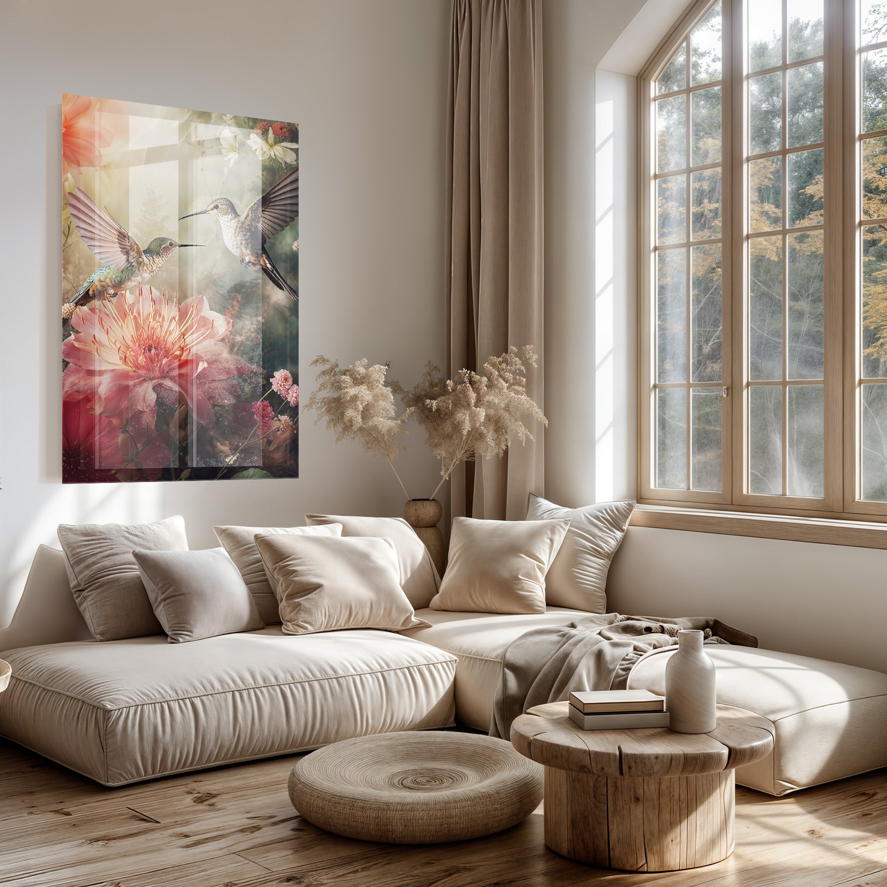 Plexiglas schilderij Kolibries 4 boven een lichte bank in een woonkamer.