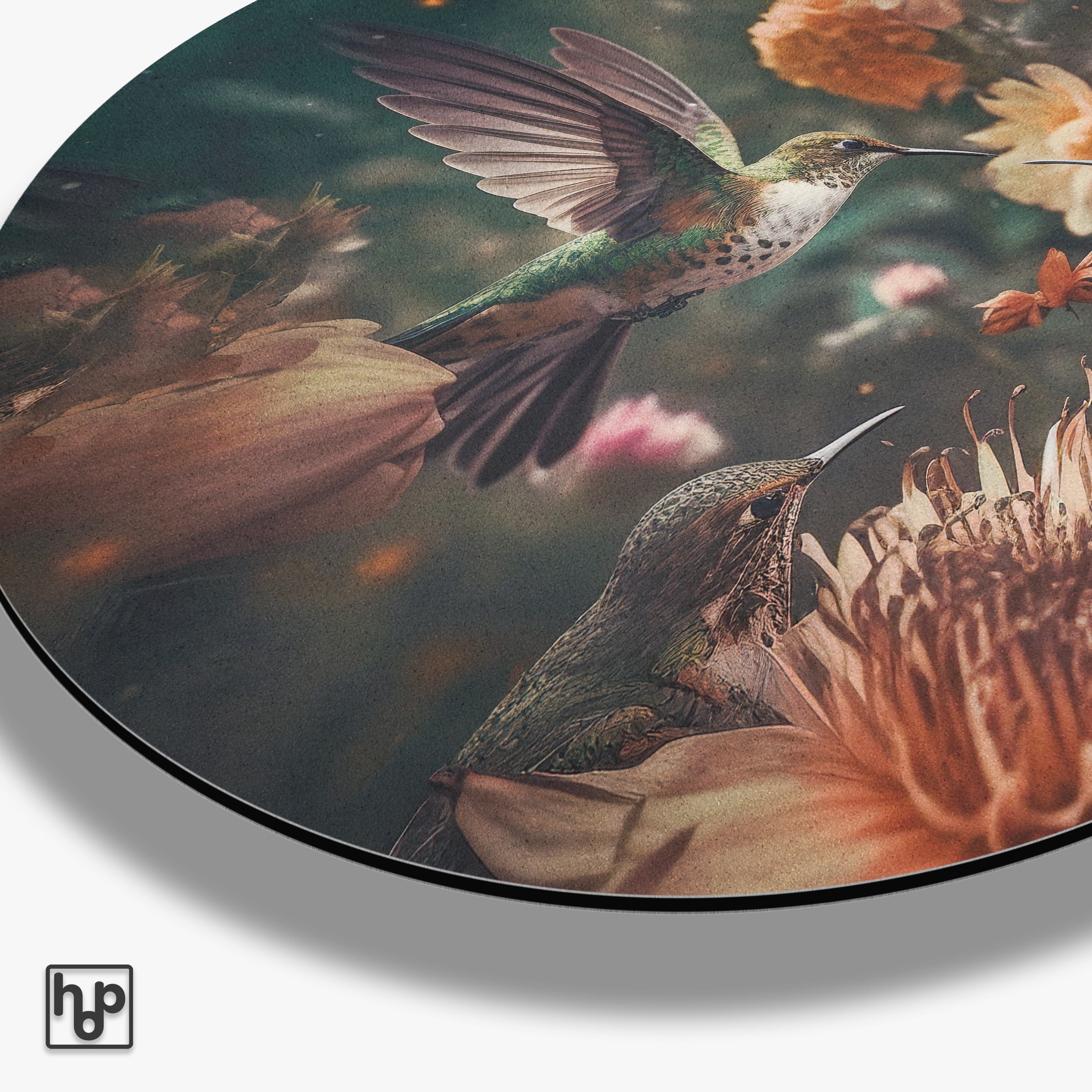 Ronde akoestische wanddecoratie met twee kolibries en levendige bloemen op aluminium.