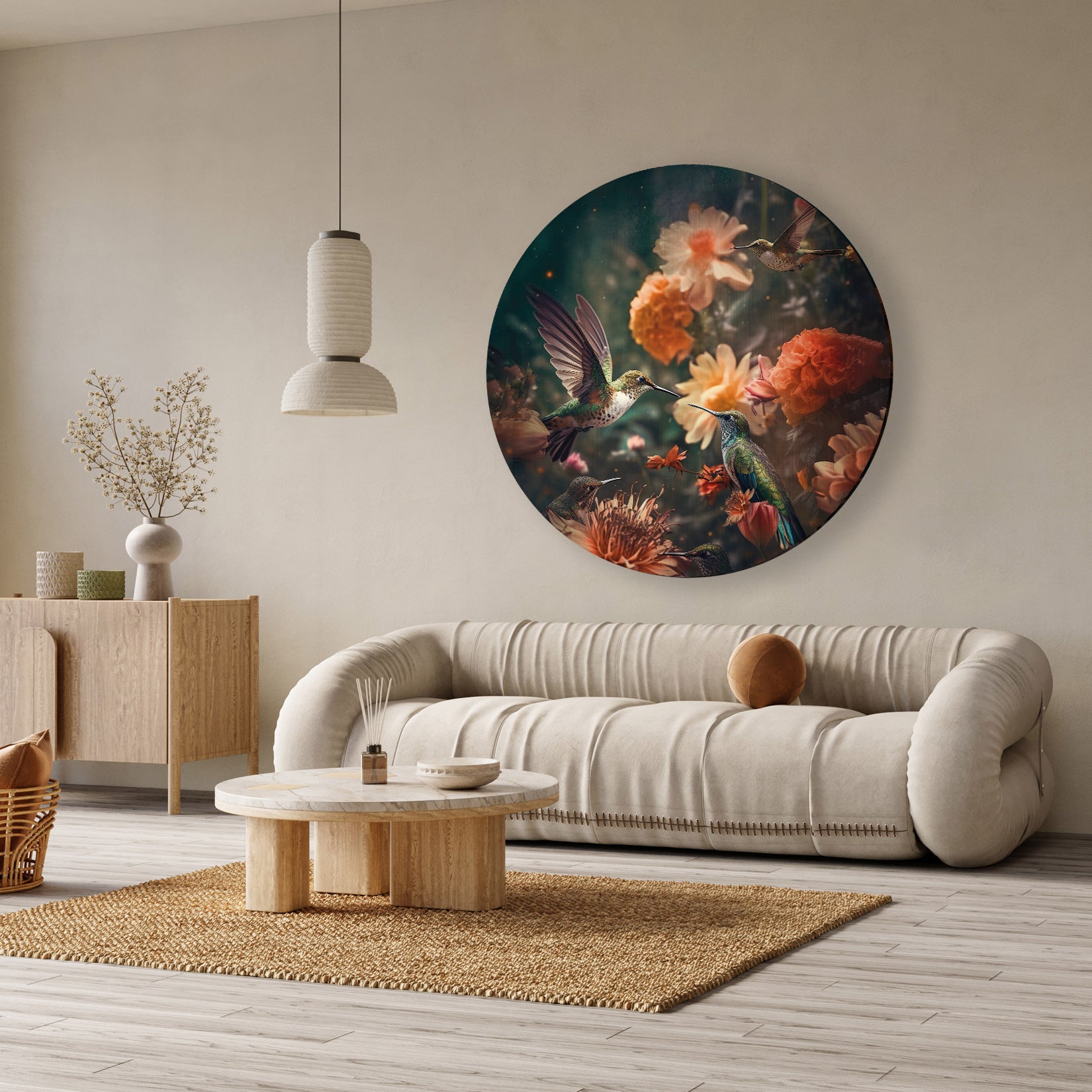 Ronde akoestische wanddecoratie met twee kolibries en levendige bloemen boven een beige bank.