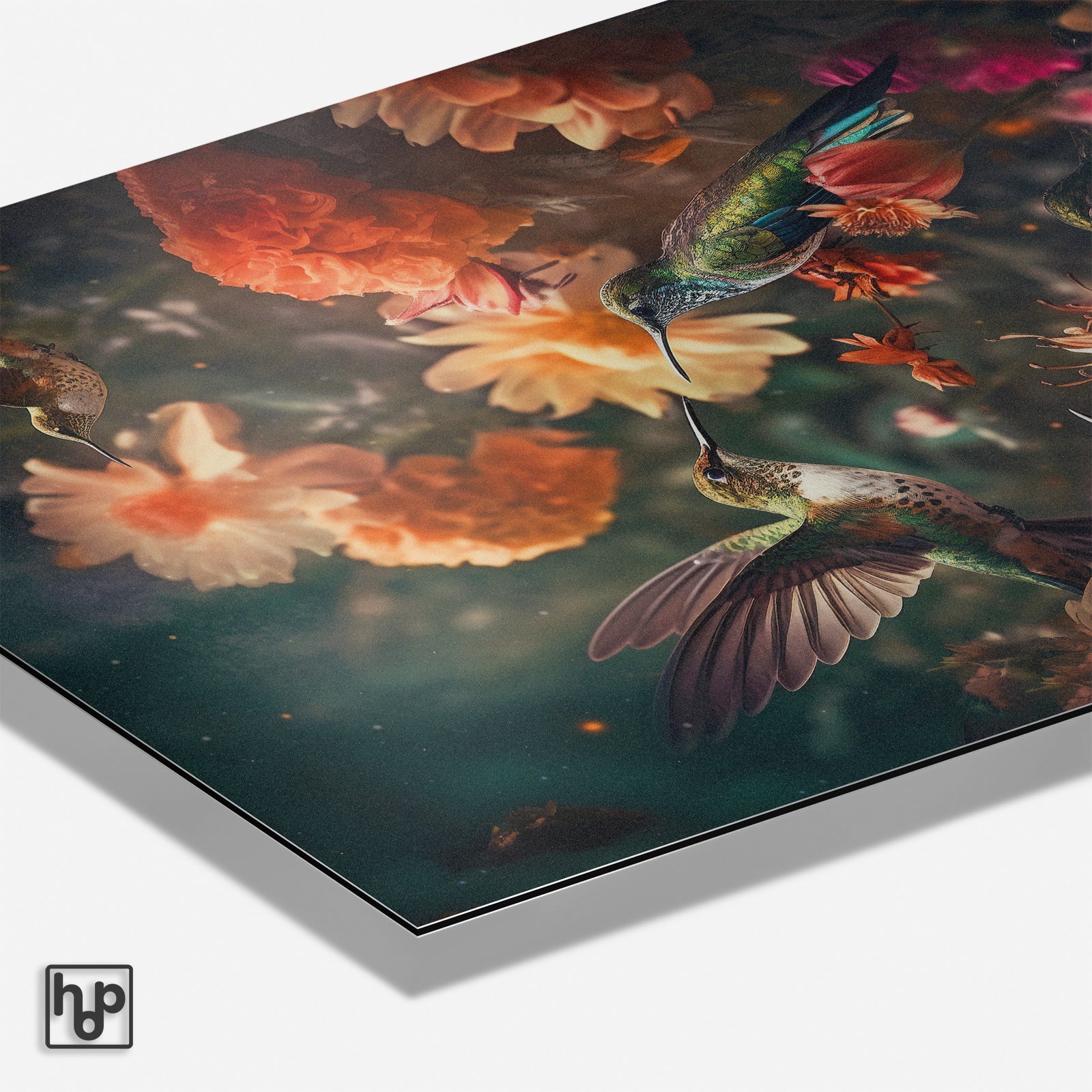 Botanische poster met twee sierlijke, kleurrijke kolibries tussen oranje en gele bloemen op een donkere achtergrond.