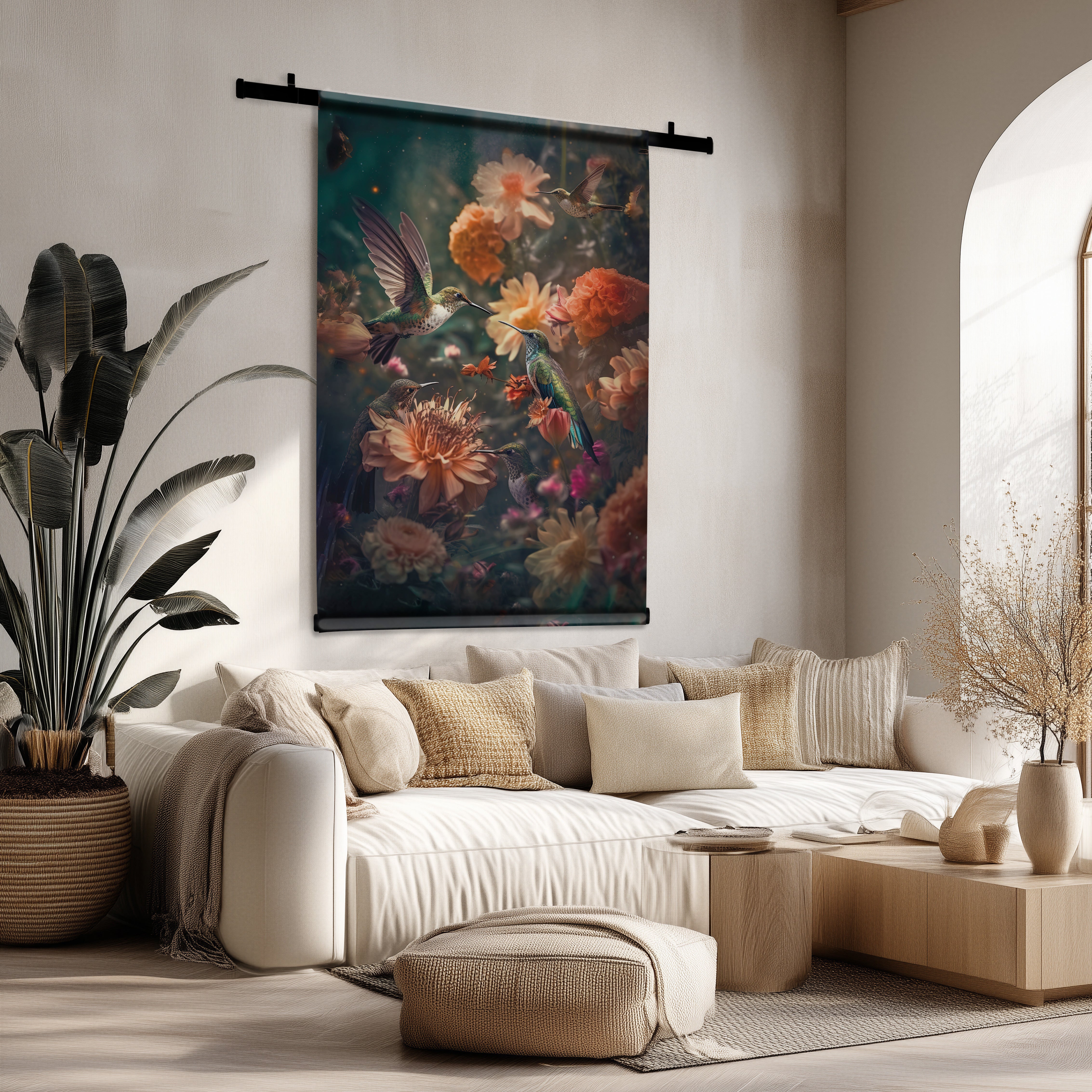 Kolibries 2 wandkleed met botanische bloemen en vliegende kolibries in een lichte, moderne woonkamer.