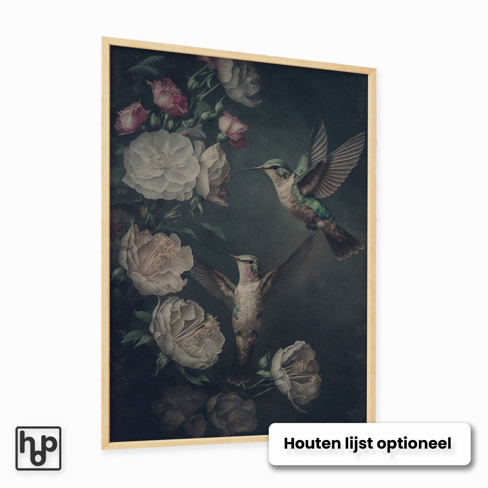 Aluminium Dibond schilderij Kolibries met een optionele naturel houten lijst.