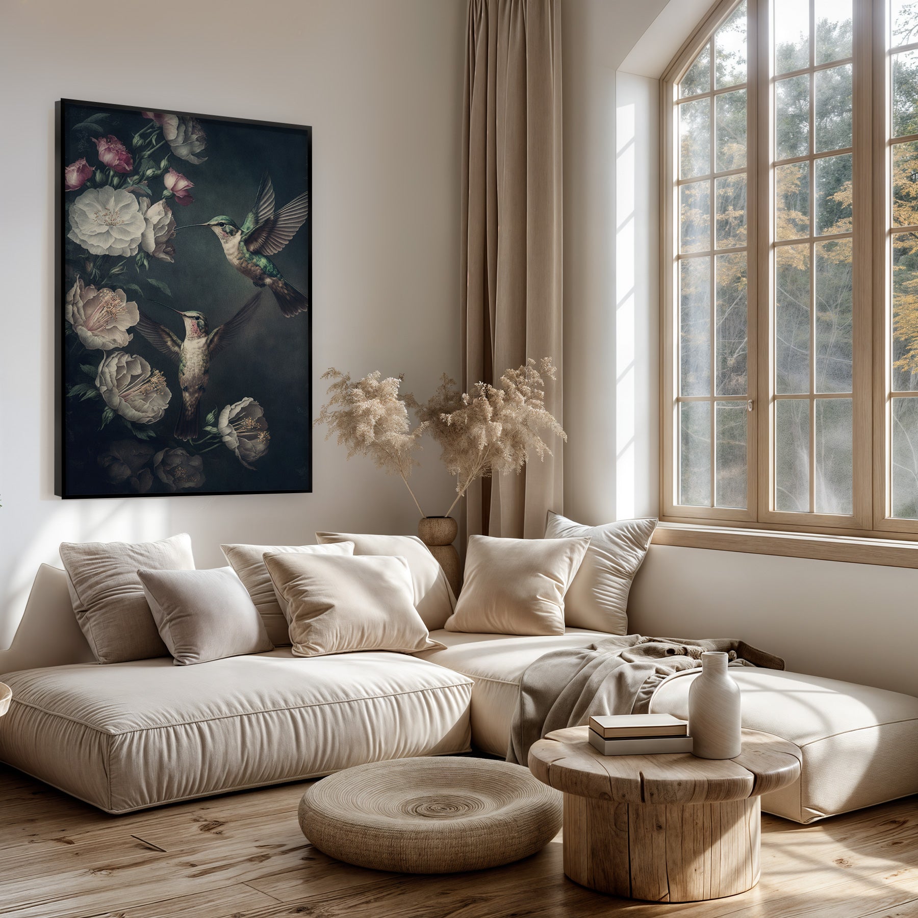 Artframe Kolibries boven een lichte bank in een woonkamer.
