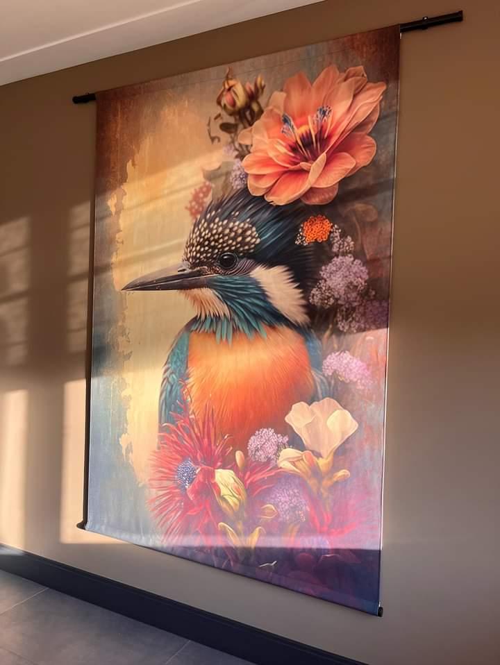 klantfoto wandkleed met vogel